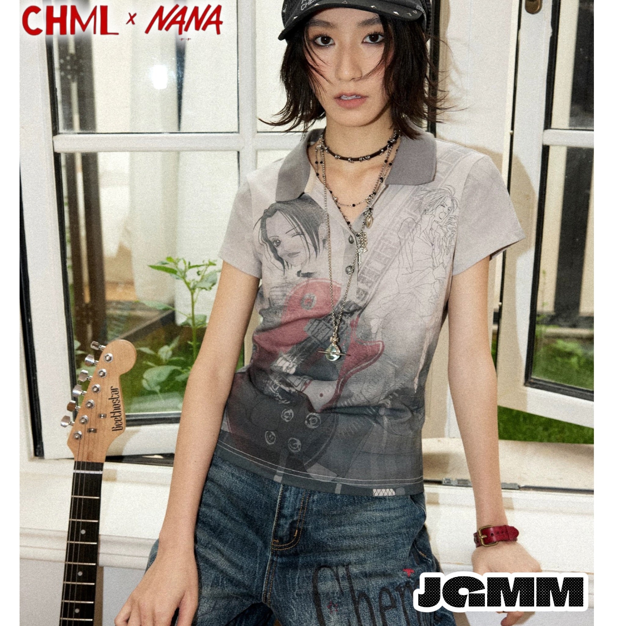 CHML×NANA聯名 作舊人像 印花小v領POLO領 修身 短袖 T恤