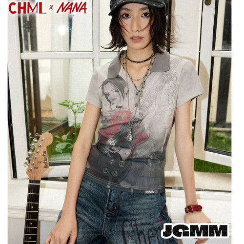 CHML×NANA聯名 作舊人像 印花小v領POLO領 修身 短袖 T恤