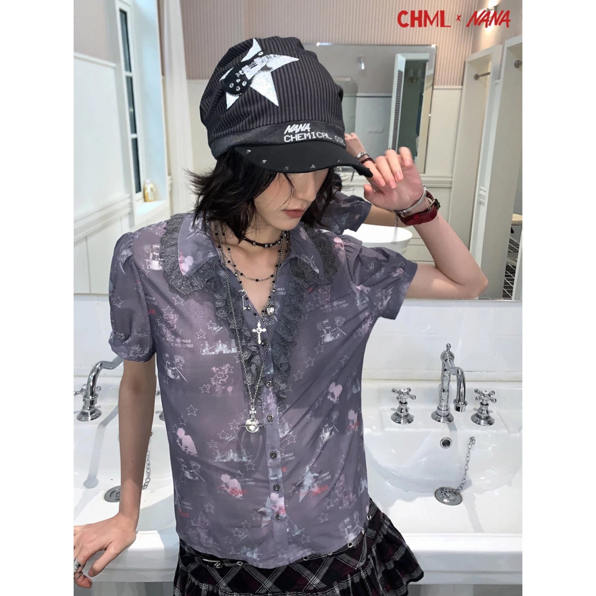 CHML×NANA聯名 堆堆帽 鴨舌帽 帽子 撞色細條紋 吉他印花 鉚釘