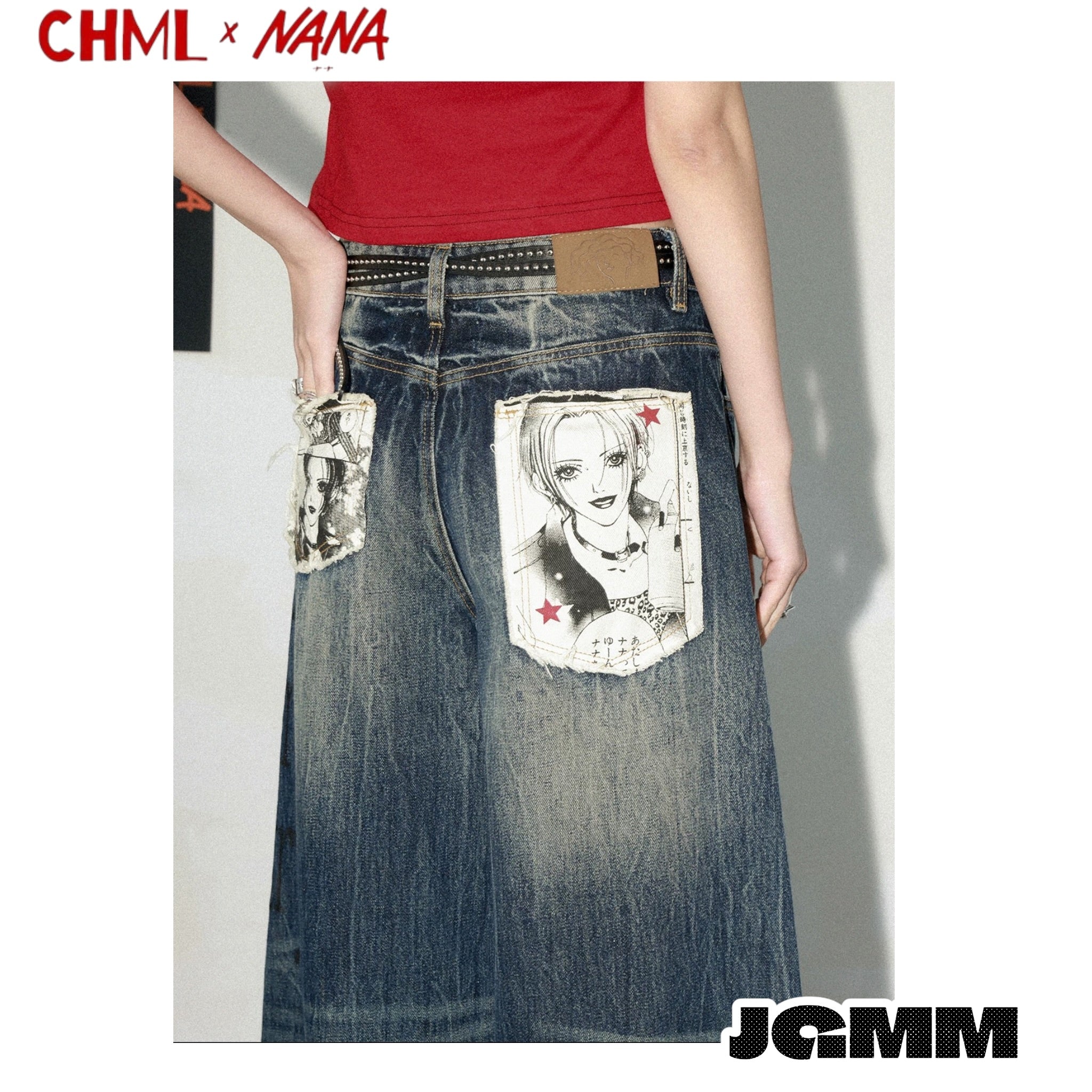 CHML ×NANA聯名 X4 擴腿褲 英文印花喇叭褲 鬆弛 牛仔褲