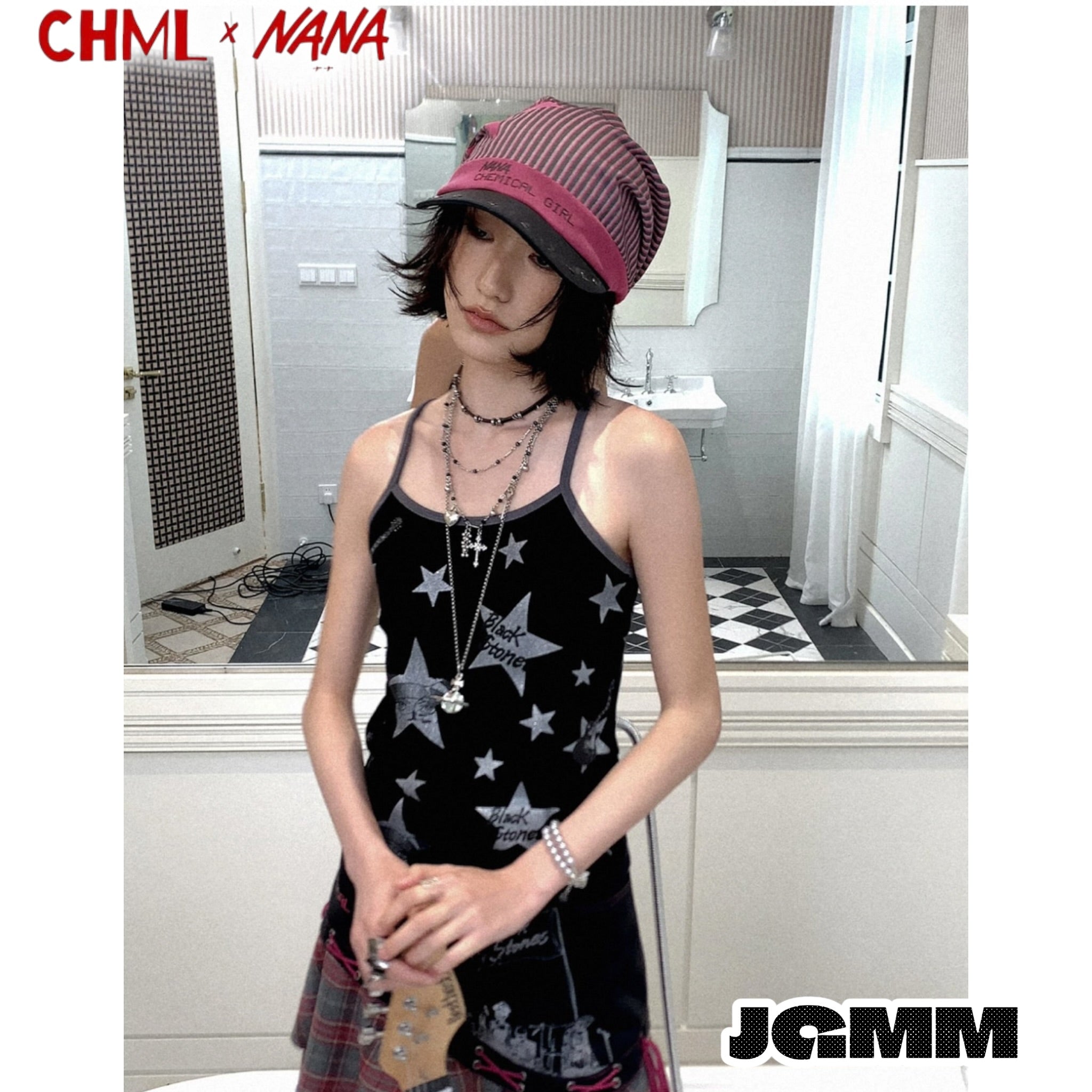 CHML×NANA聯名 堆堆帽 鴨舌帽 帽子 撞色細條紋 吉他印花 鉚釘