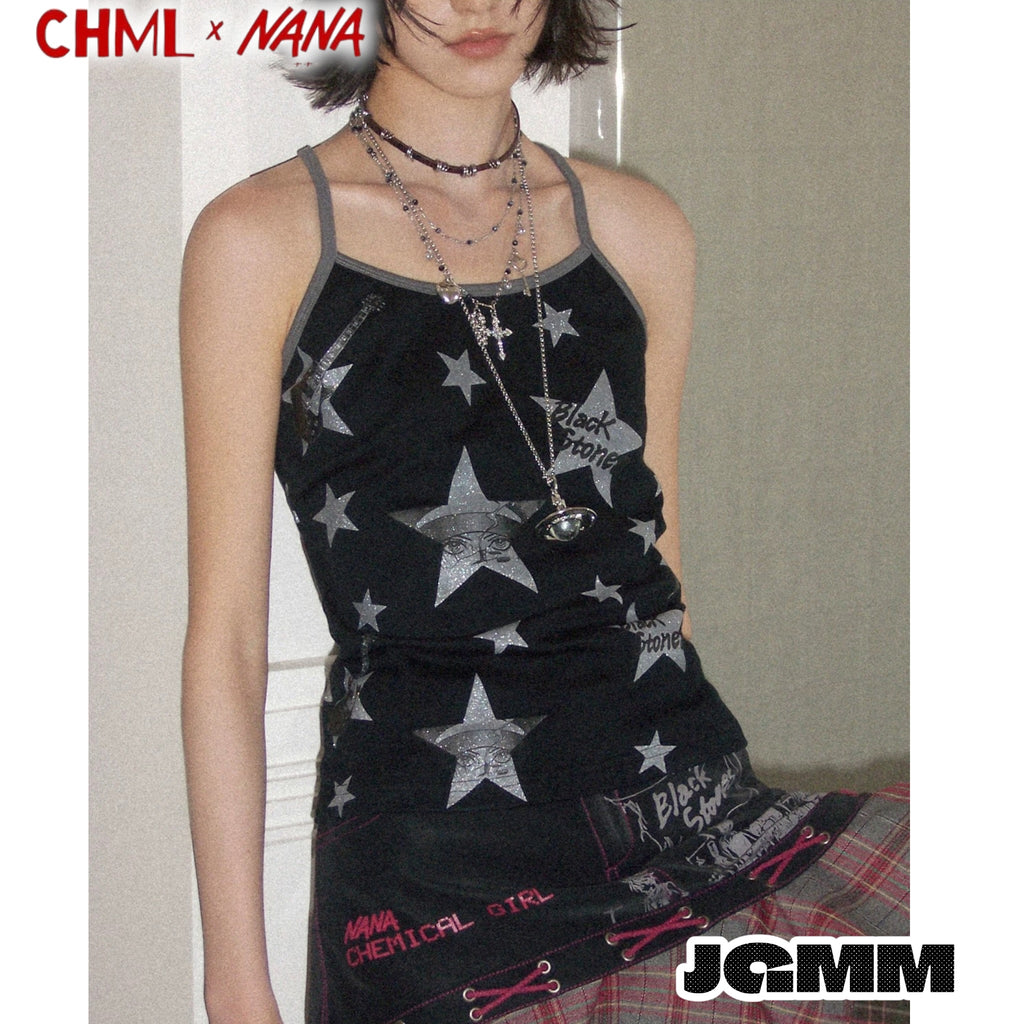CHML×NANA聯名 閃粉星星印花 拼色吊帶 背心 女 夏季