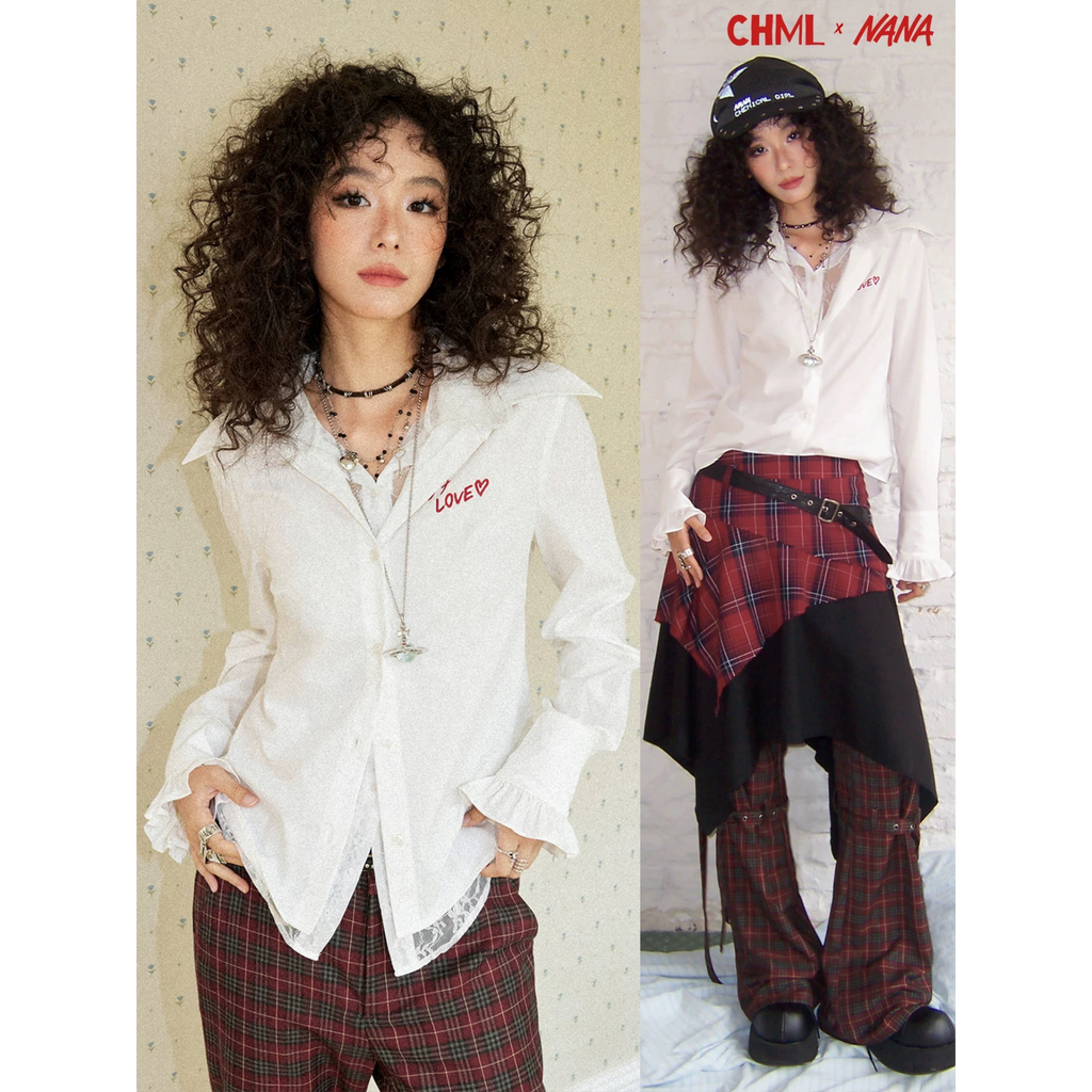 CHML×NANA聯名 尖領 花邊 蕾絲印花 假兩件 襯衫 Love
