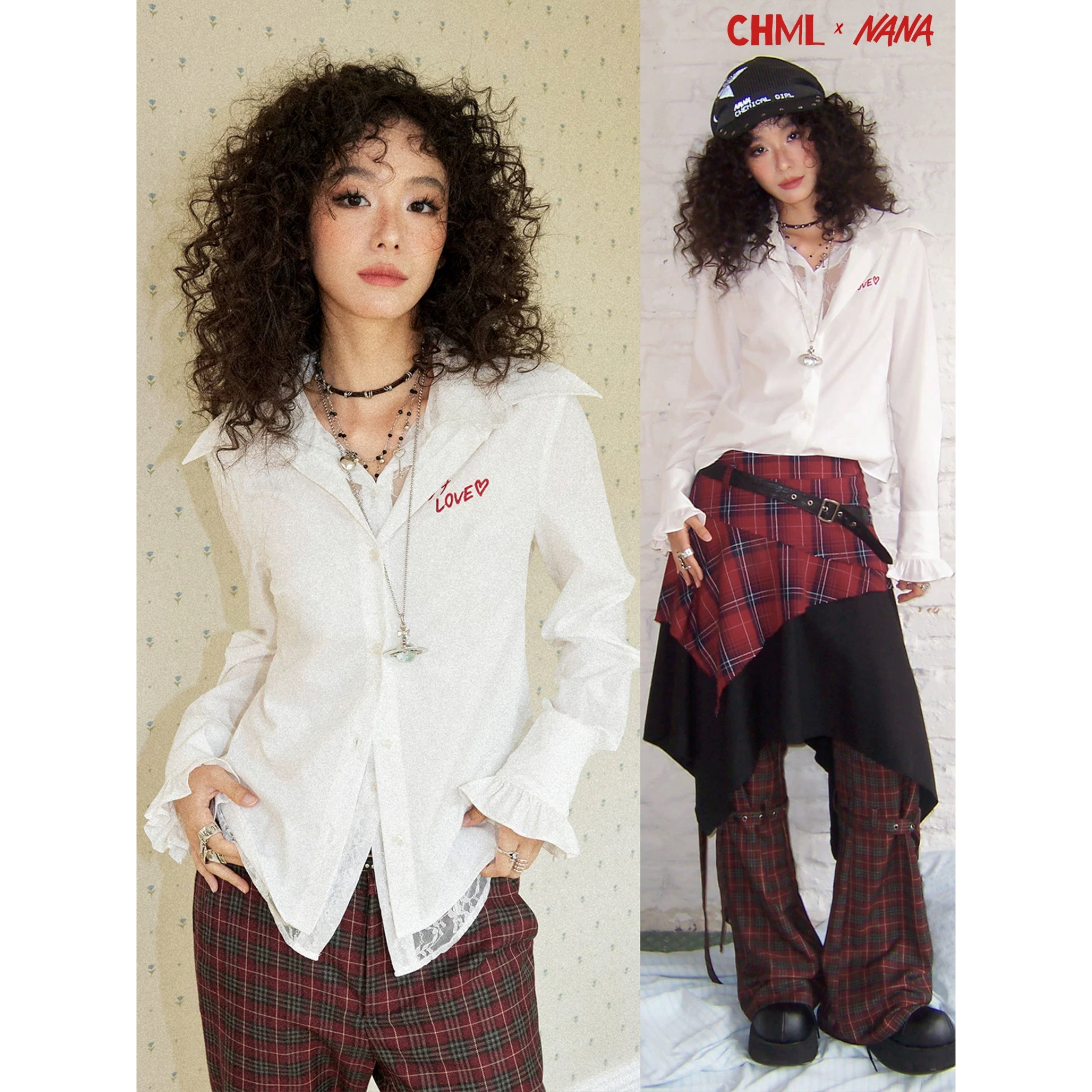 CHML×NANA聯名 尖領 花邊 蕾絲印花 假兩件 襯衫 Love