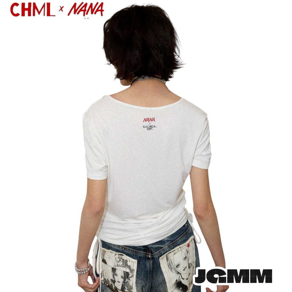 CHML×NANA聯名 第39話的樂隊成員印花 正肩 修身 抽繩 短款 T恤 短袖