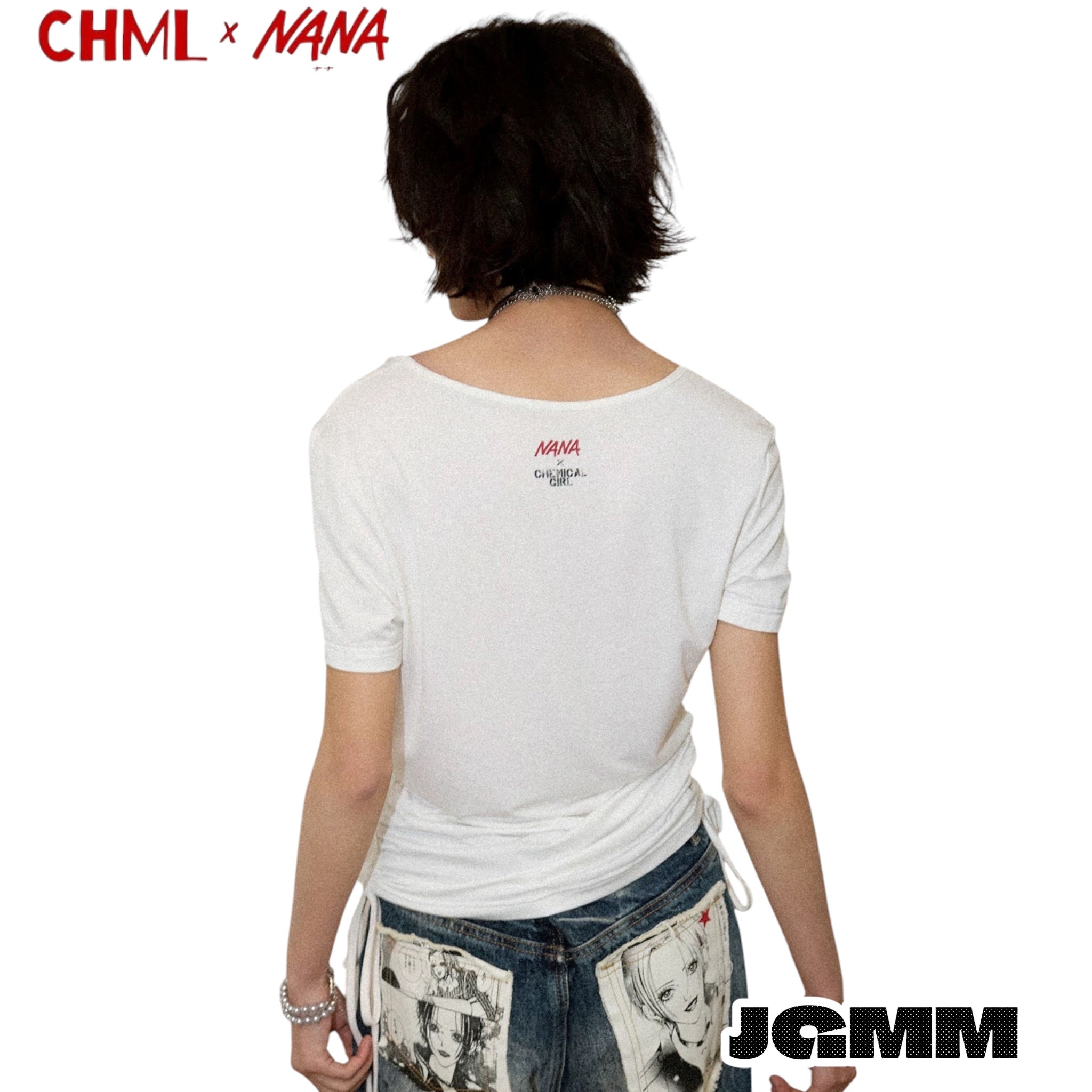 CHML×NANA聯名 第39話的樂隊成員印花 正肩 修身 抽繩 短款 T恤 短袖