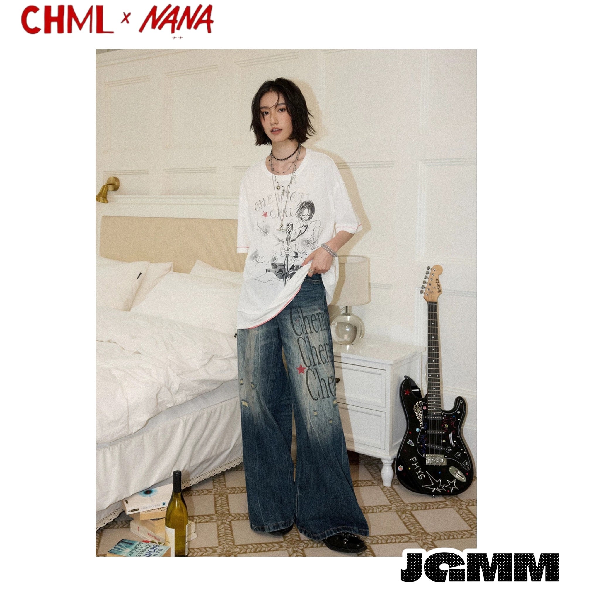 CHML ×NANA聯名 X4 擴腿褲 英文印花喇叭褲 鬆弛 牛仔褲