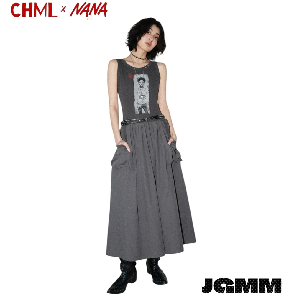 CHML×NANA聯名 人物 印花 廓形拼接背心連衣裙 無袖 夏天