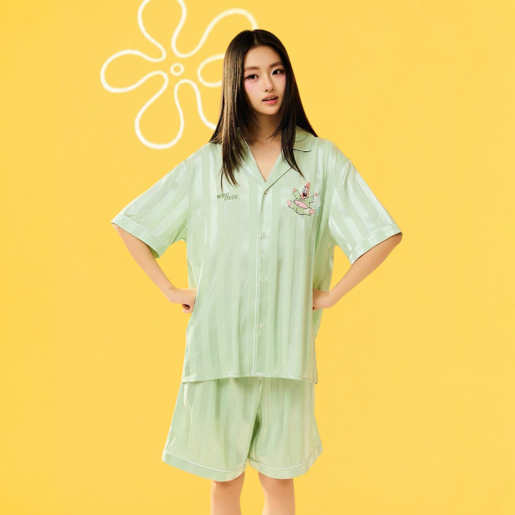 【海綿寶寶官方聯名】刺繡條紋睡衣套裝夏季居家 情侶裝