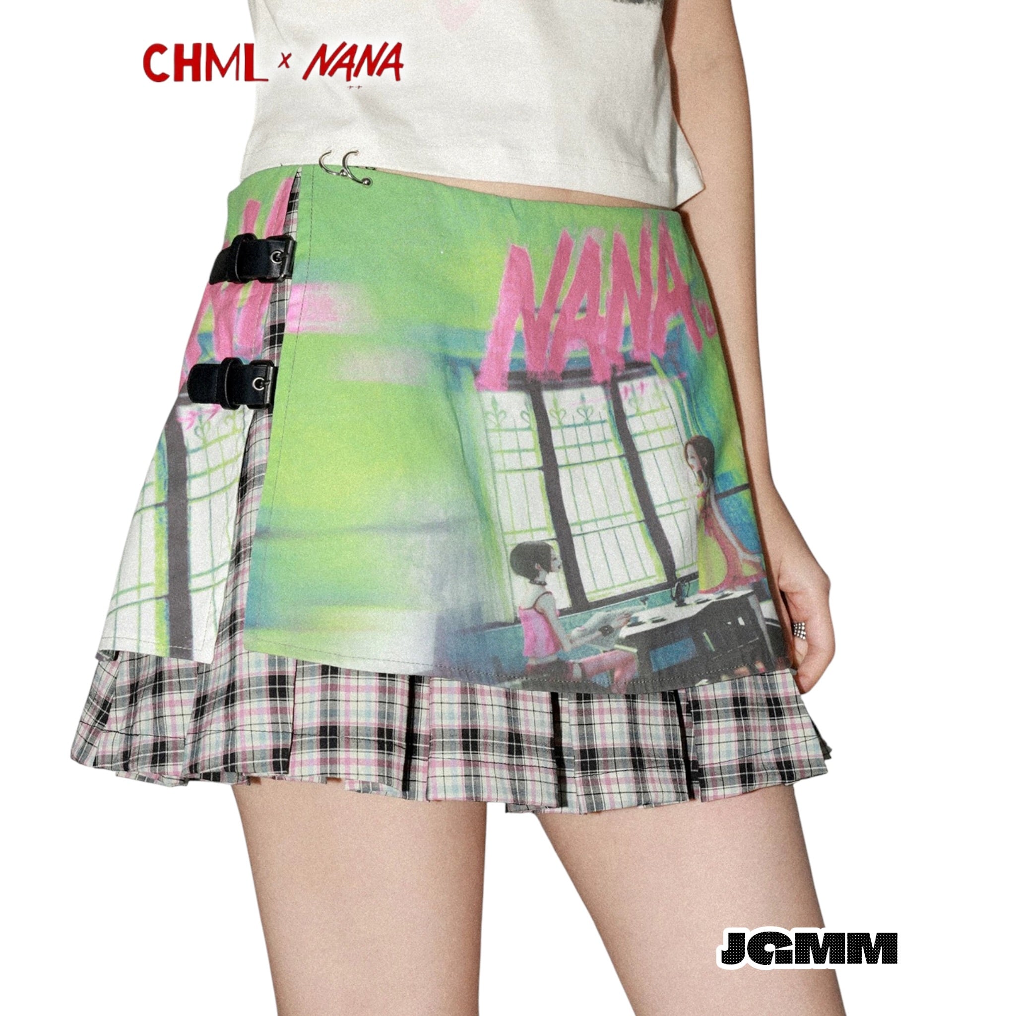 CHML×NANA聯名 格紋拼接皮帶 百褶短裙 彩色 半身裙