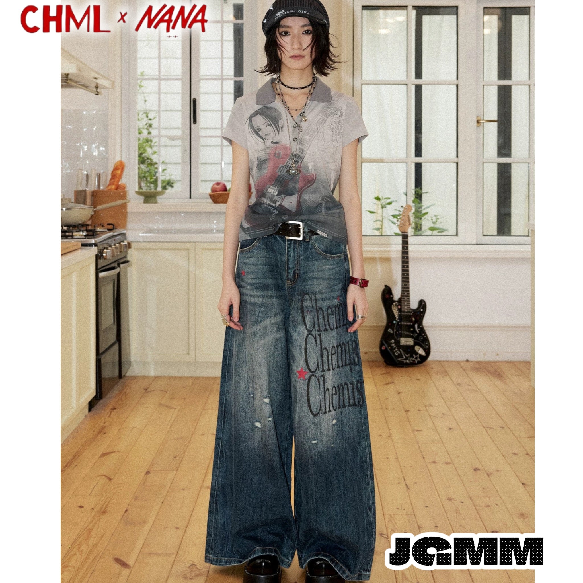 CHML×NANA聯名 作舊人像 印花小v領POLO領 修身 短袖 T恤