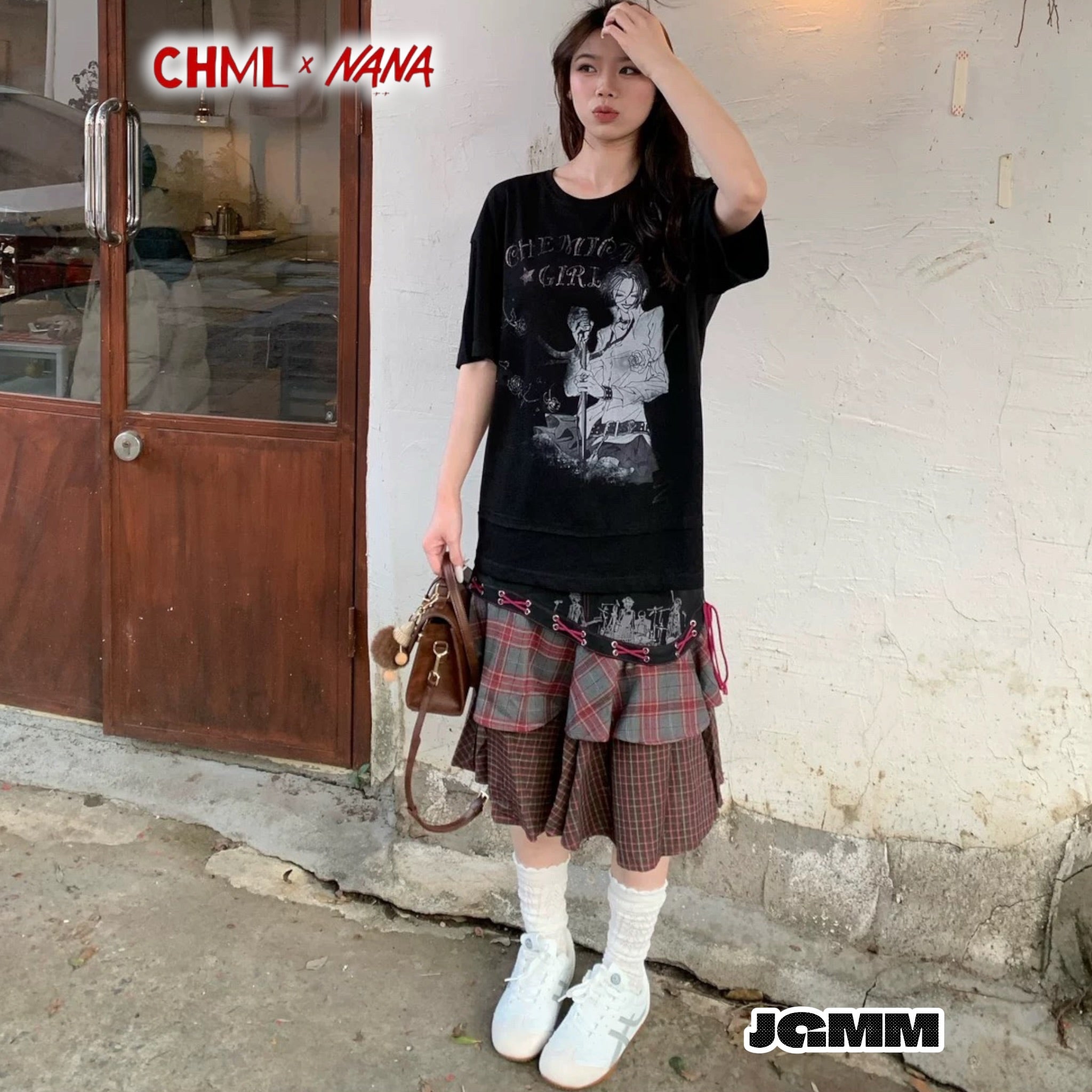 CHML×NANA聯名 格紋綁帶蛋糕裙 人物印花半身裙 女性