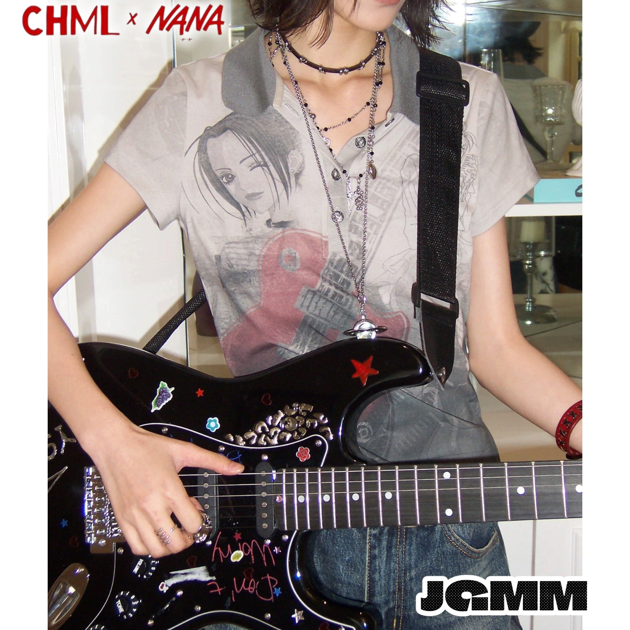 CHML×NANA聯名 作舊人像 印花小v領POLO領 修身 短袖 T恤