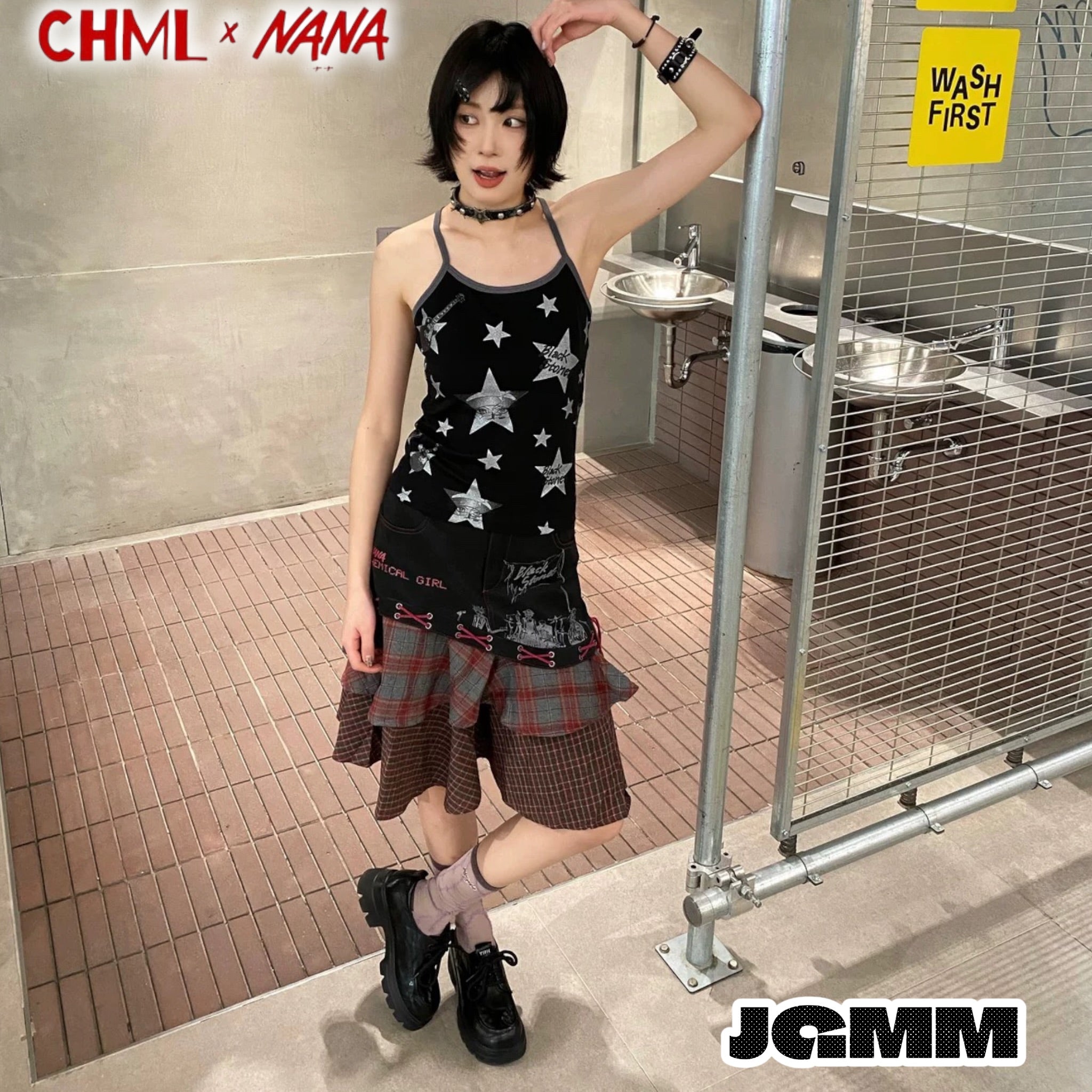 CHML×NANA聯名 閃粉星星印花 拼色吊帶 背心 女 夏季