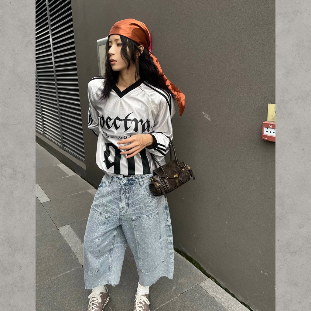 TBHNP 曙光輝月燙鑽蛛網七分牛仔褲
