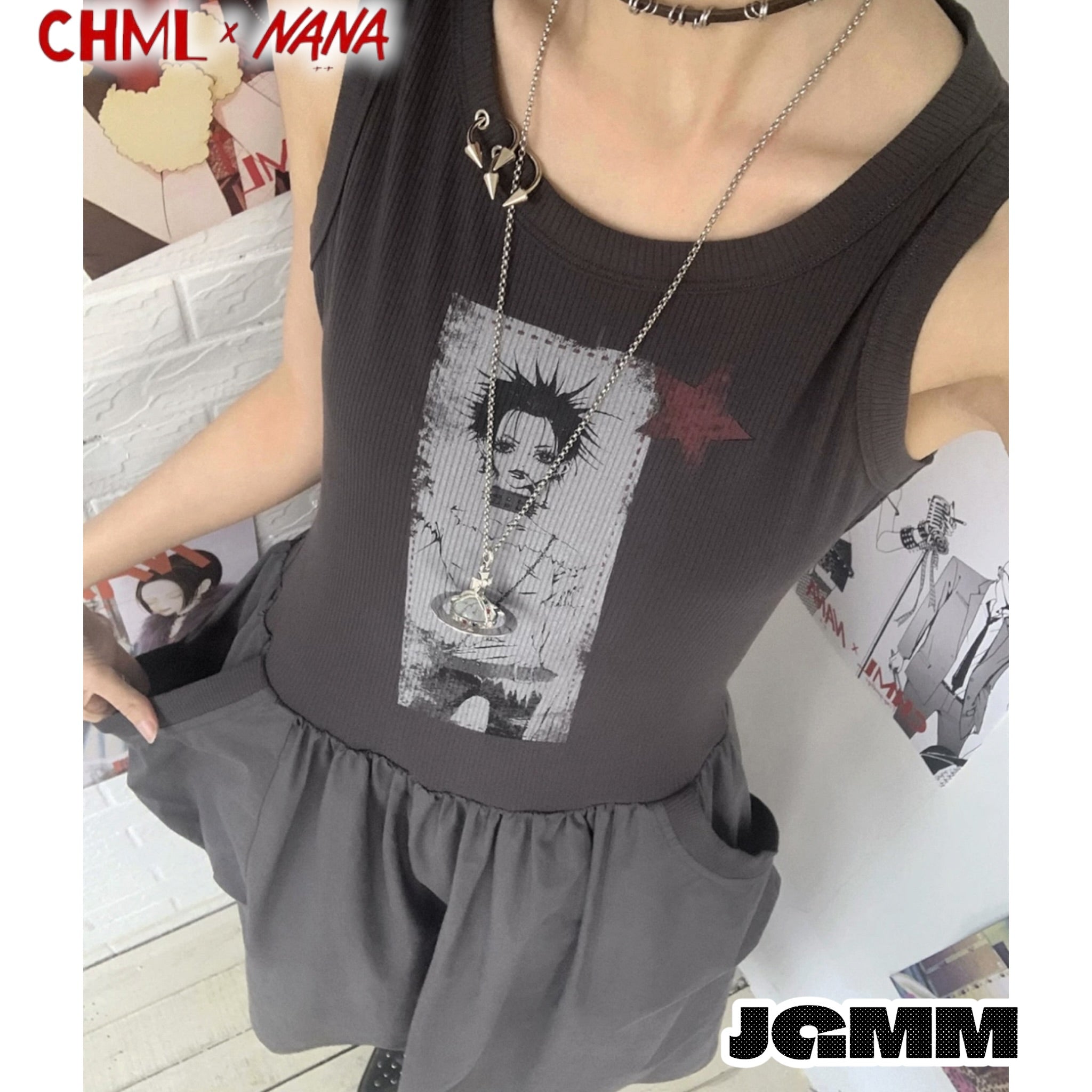 CHML×NANA聯名 人物 印花 廓形拼接背心連衣裙 無袖 夏天
