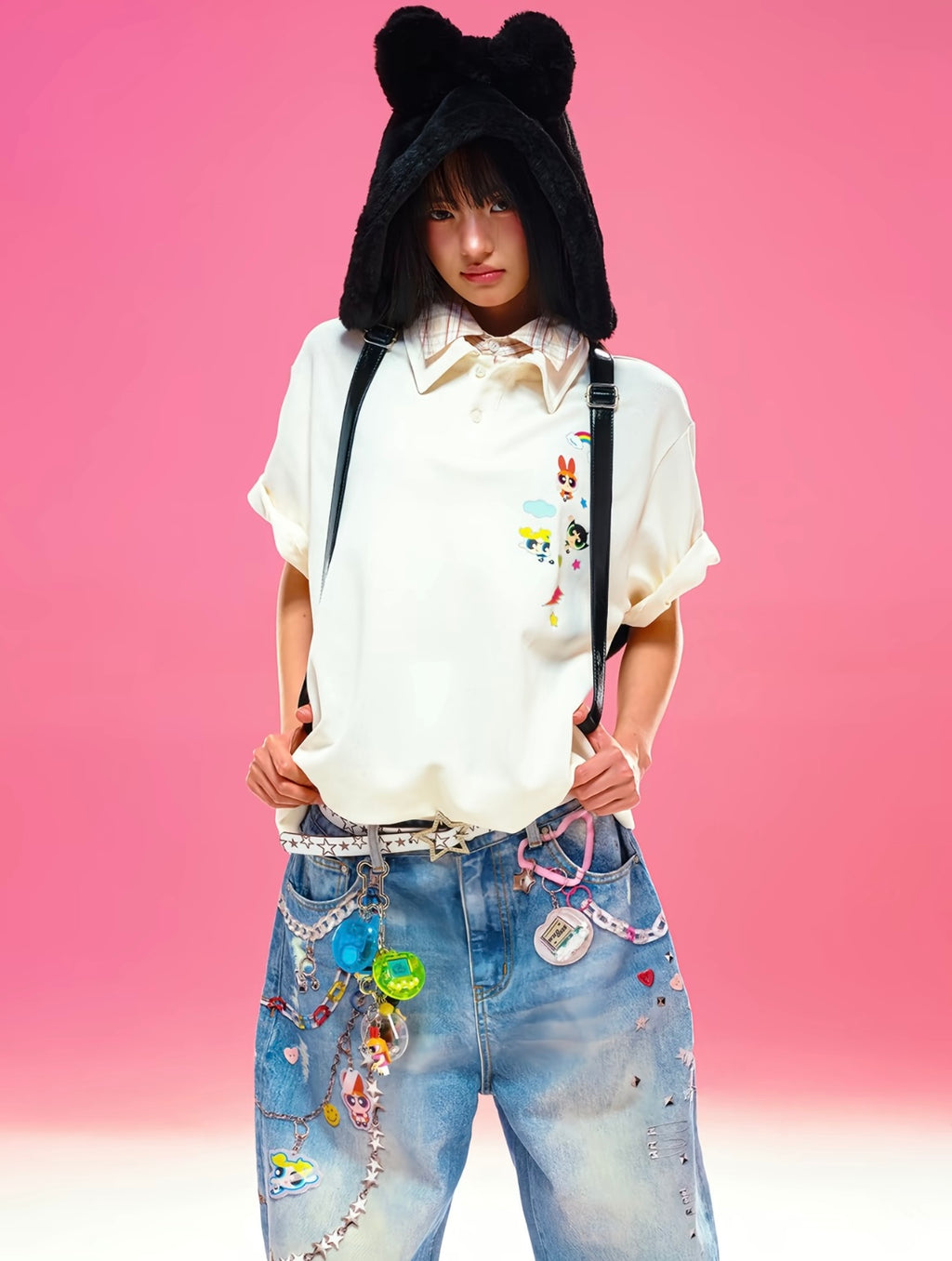 飛天小女警 × WHOOSIS 聯名｜3D印花串珠掛飾復古牛仔褲