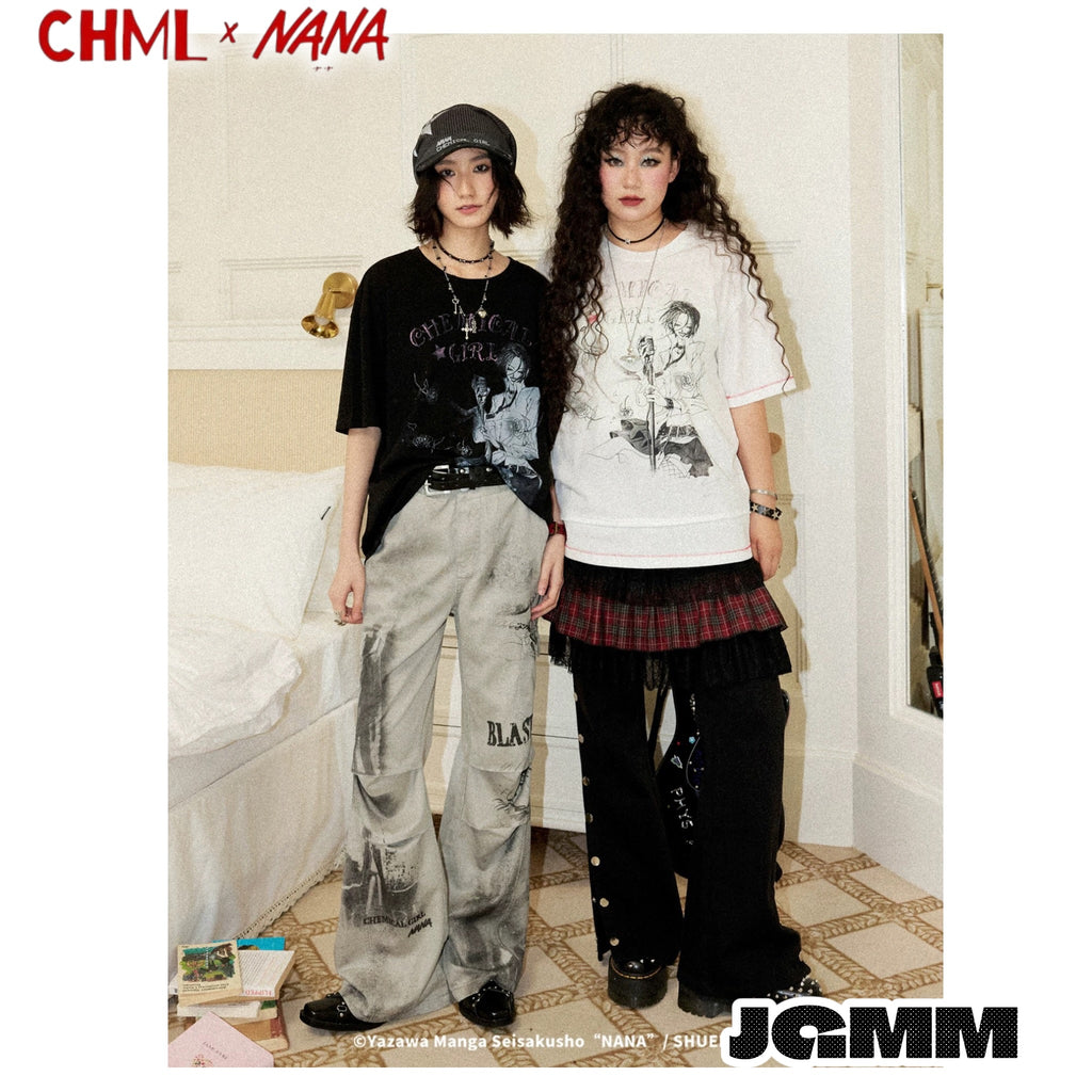 CHML×NANA聯名  復古做舊 拼貼 印花灰白色 高腰 喇叭褲