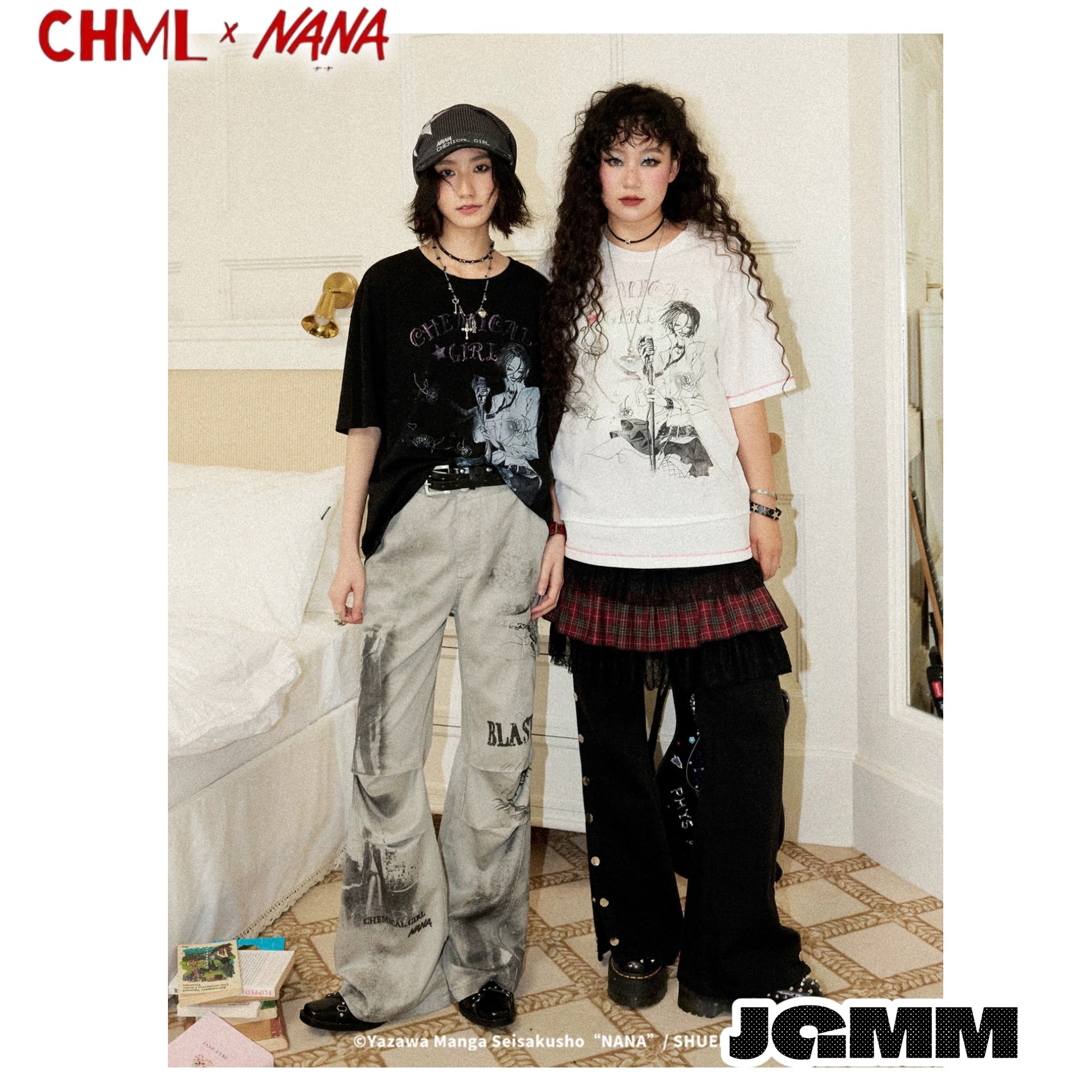 CHML×NANA聯名  復古做舊 拼貼 印花灰白色 高腰 喇叭褲