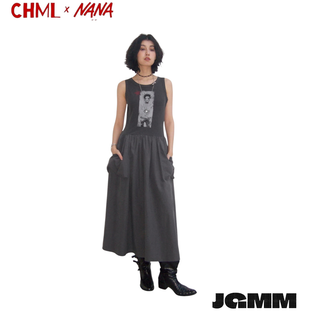 CHML×NANA聯名 人物 印花 廓形拼接背心連衣裙 無袖 夏天