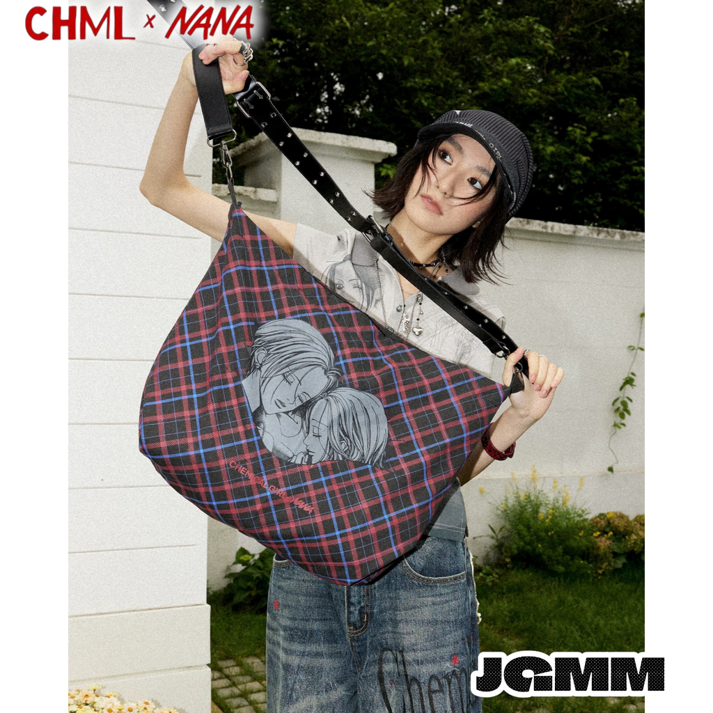 CHML×NANA聯名 復古紅藍 撞色格子單肩帆布包