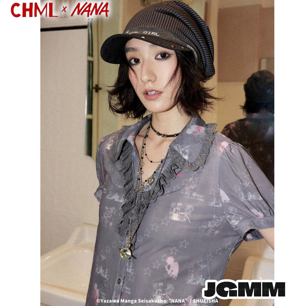CHML×NANA聯名 復古甜酷風 蕾絲花邊設計 A字腰 短袖襯衫