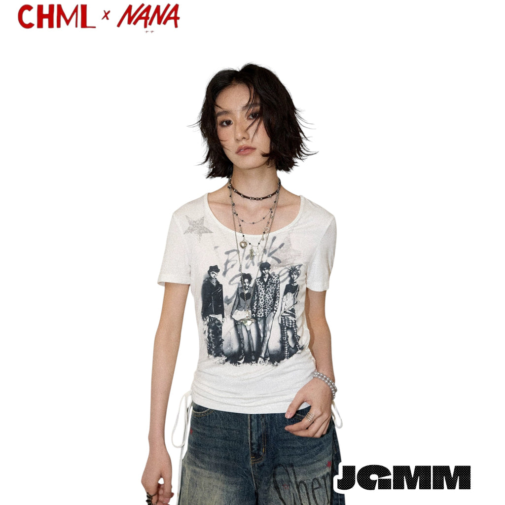 CHML×NANA聯名 第39話的樂隊成員印花 正肩 修身 抽繩 短款 T恤 短袖