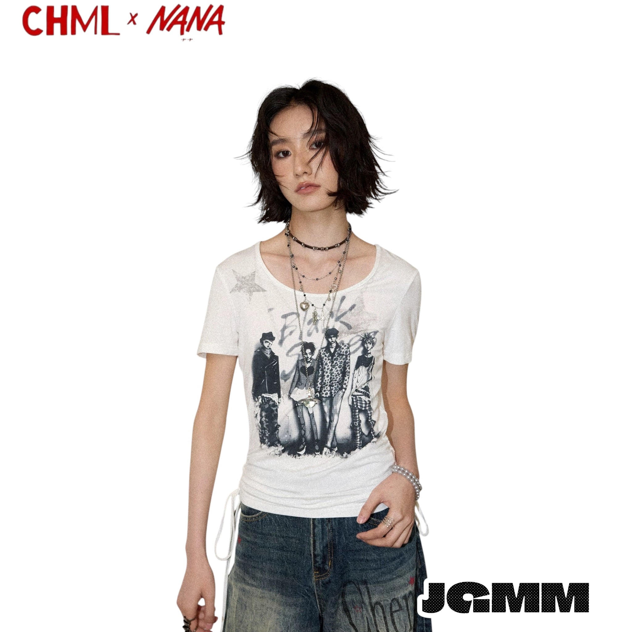 CHML×NANA聯名 第39話的樂隊成員印花 正肩 修身 抽繩 短款 T恤 短袖