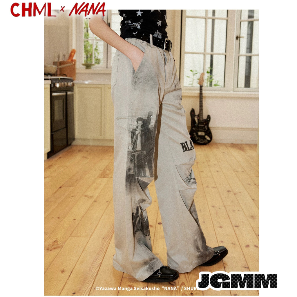 CHML×NANA聯名  復古做舊 拼貼 印花灰白色 高腰 喇叭褲