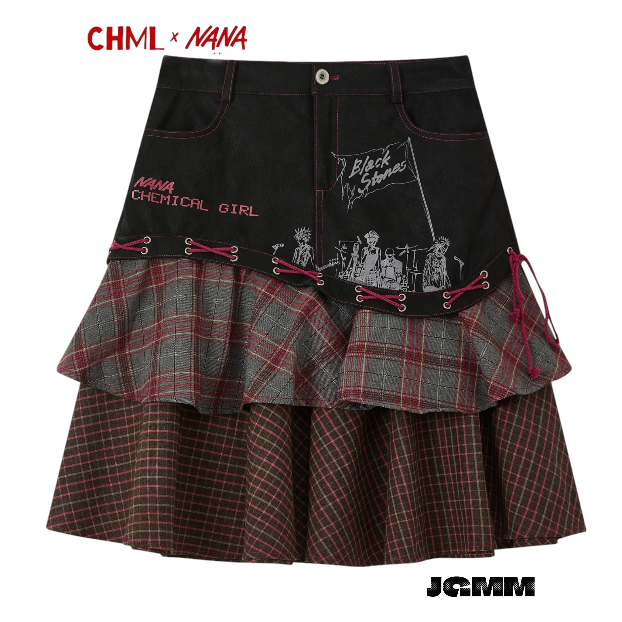 CHML×NANA聯名 格紋綁帶蛋糕裙 人物印花半身裙 女性