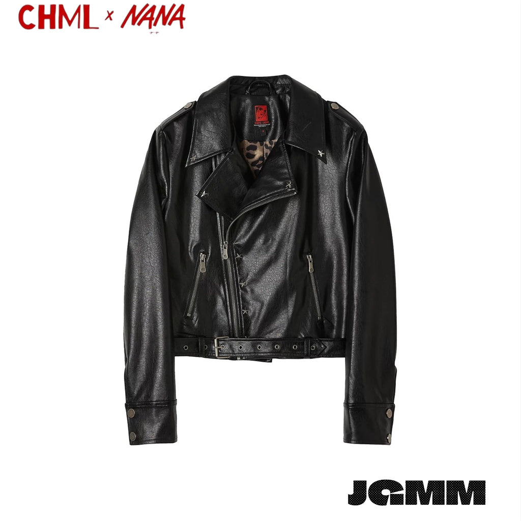 CHML×NANA聯名 搖滾 星星撞釘 扣帶皮衣外套 短版