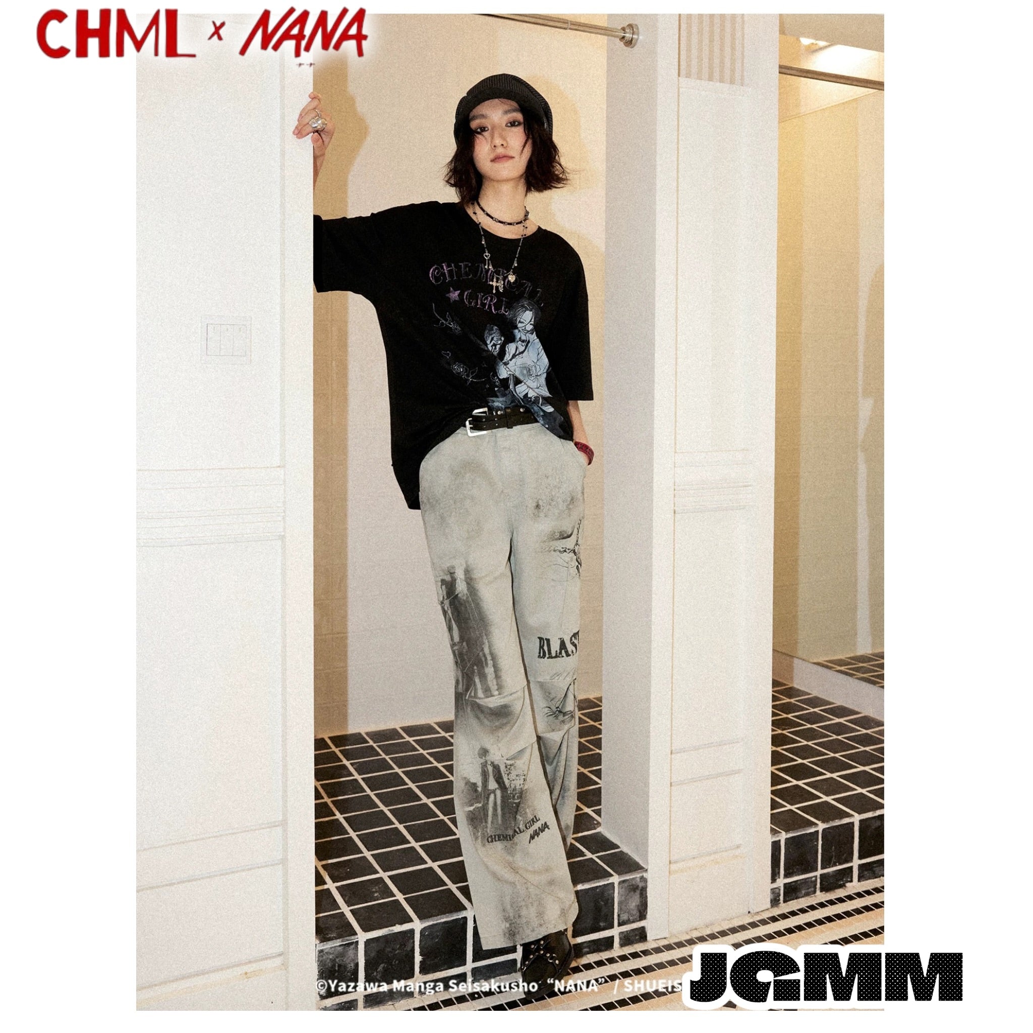 CHML×NANA聯名  復古做舊 拼貼 印花灰白色 高腰 喇叭褲