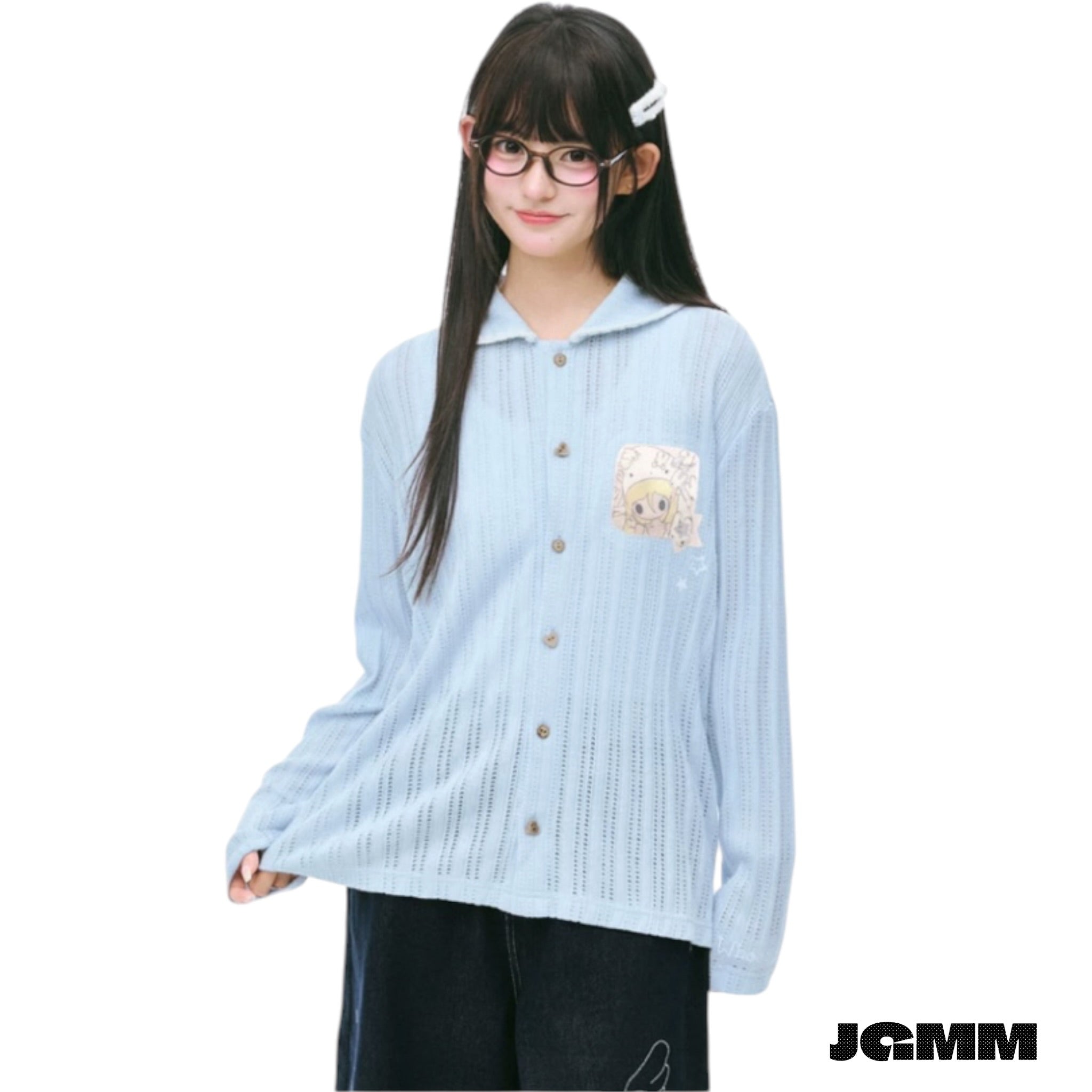 【野有上秋官方聯名】娃娃領 罩衫 印花長袖 少女風 長袖排扣 針織衫