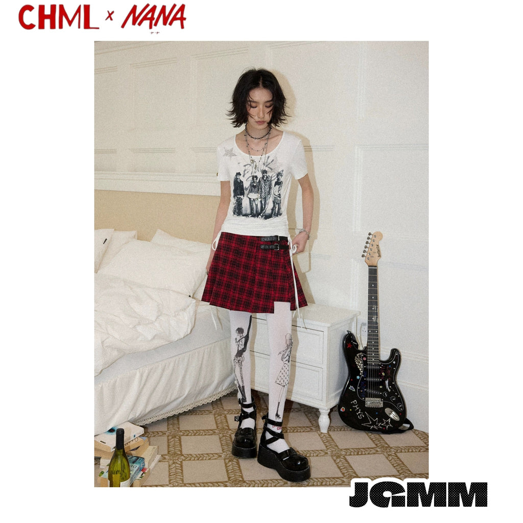 CHML×NANA聯名 第39話的樂隊成員印花 正肩 修身 抽繩 短款 T恤 短袖