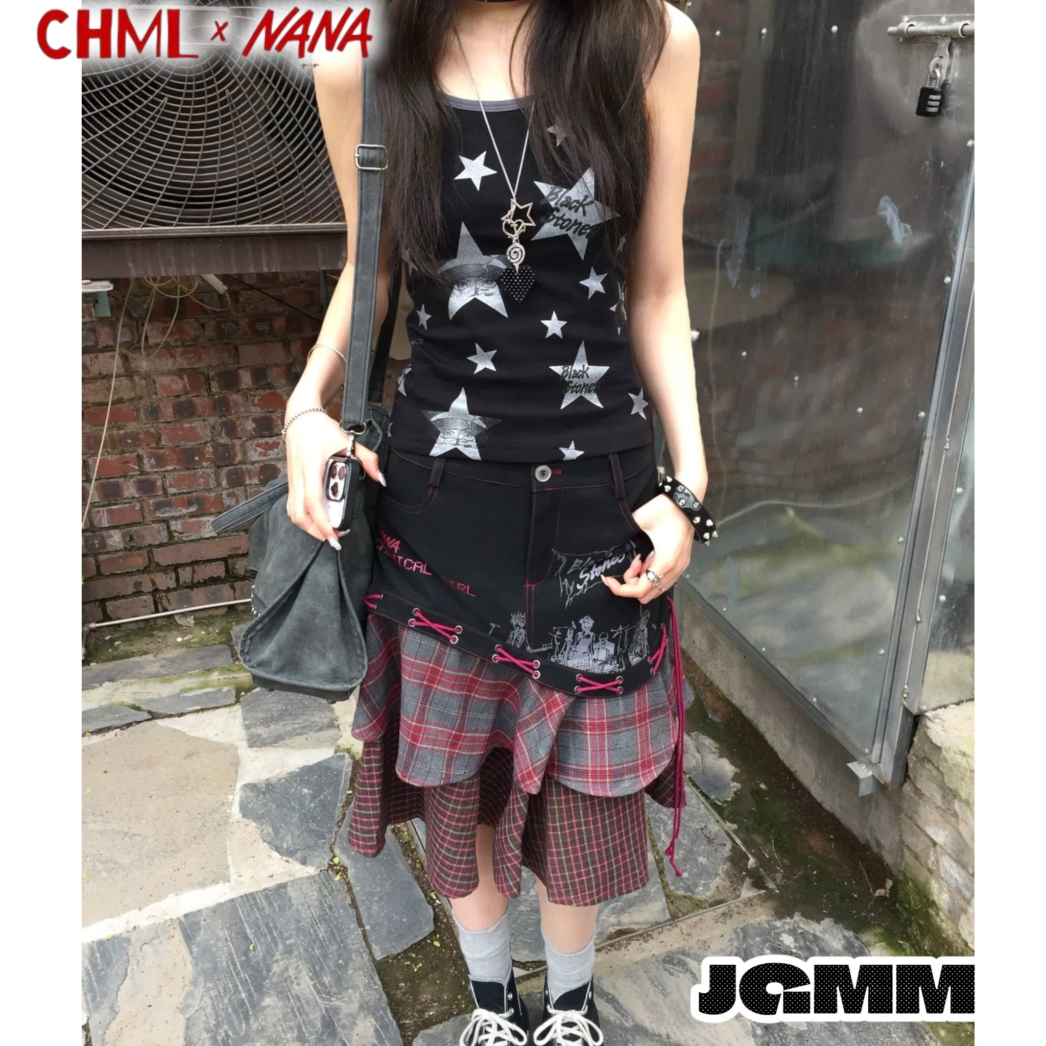 CHML×NANA聯名 閃粉星星印花 拼色吊帶 背心 女 夏季