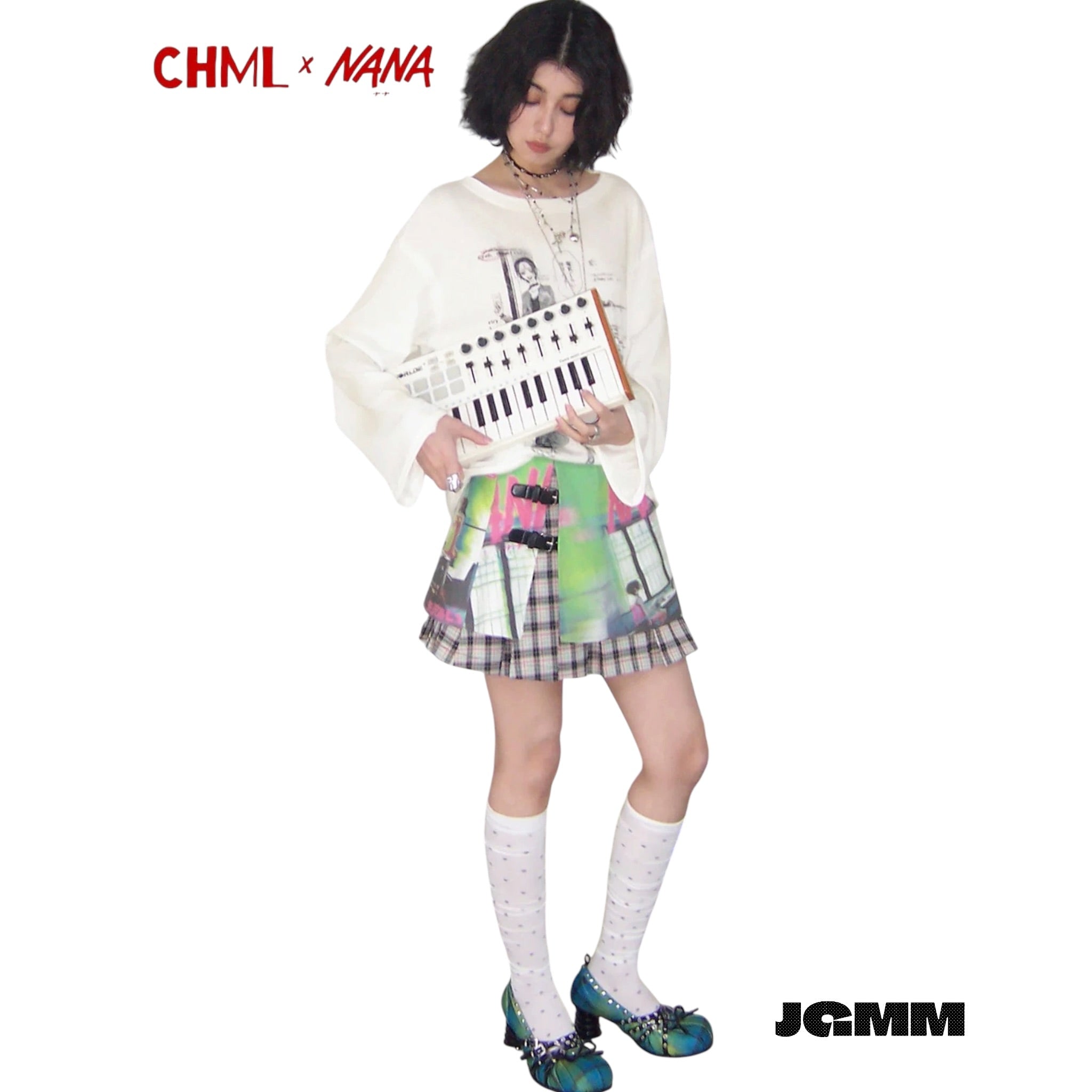 CHML×NANA聯名 格紋拼接皮帶 百褶短裙 彩色 半身裙