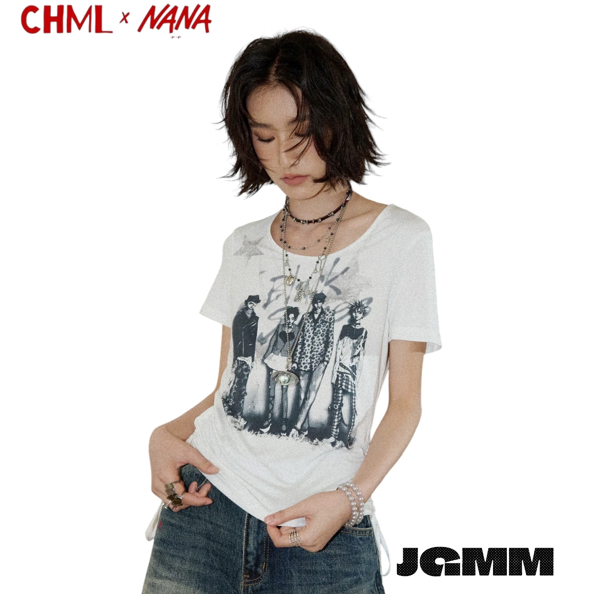 CHML×NANA聯名 第39話的樂隊成員印花 正肩 修身 抽繩 短款 T恤 短袖