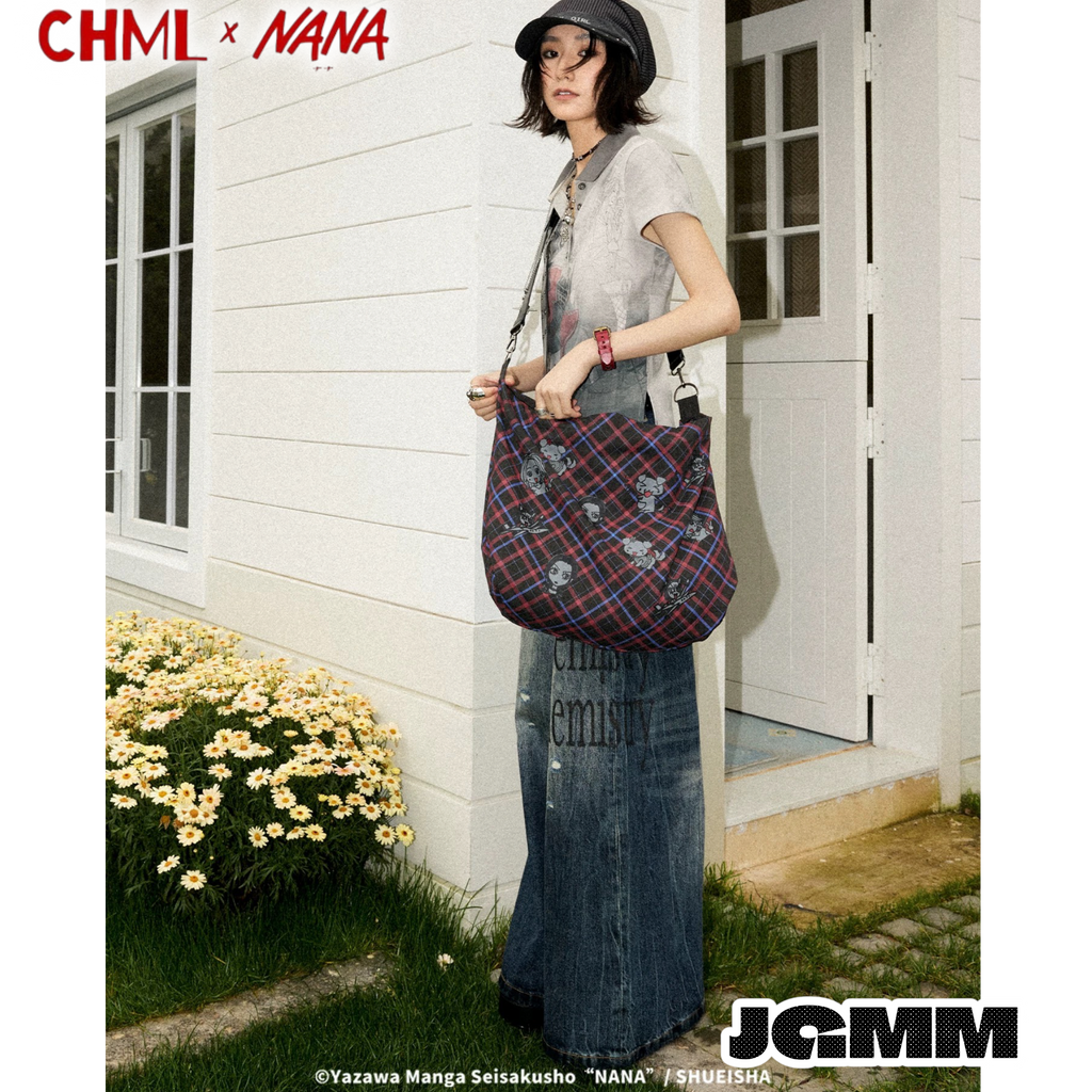 CHML×NANA聯名 復古紅藍 撞色格子單肩帆布包