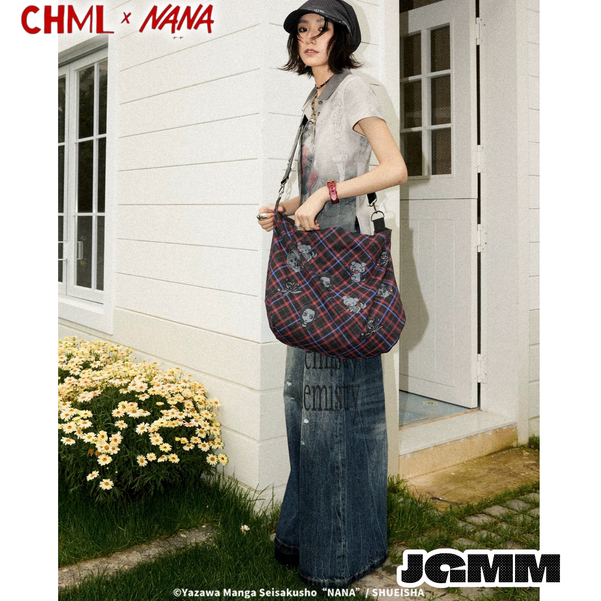 CHML×NANA聯名 復古紅藍 撞色格子單肩帆布包