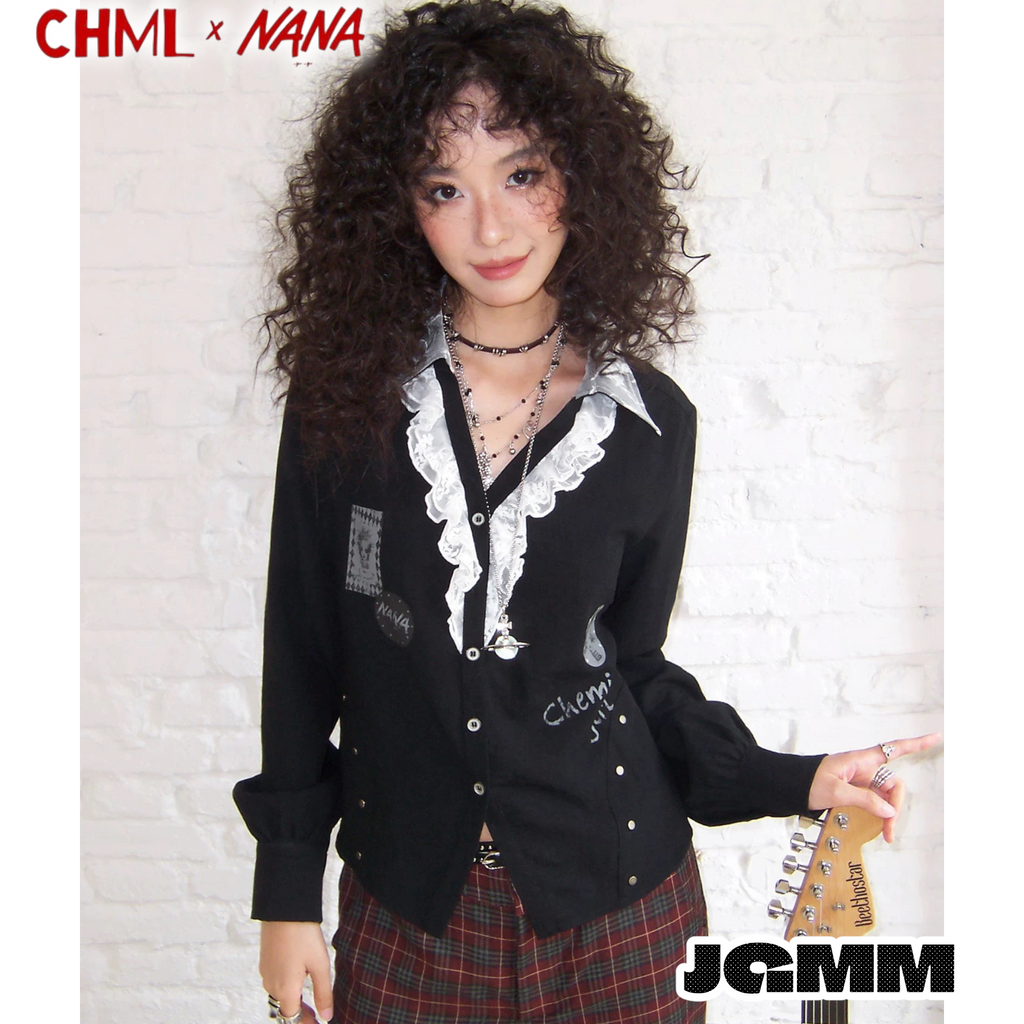 CHML×NANA聯名 蕾絲 拼接花邊 印花長袖襯衫