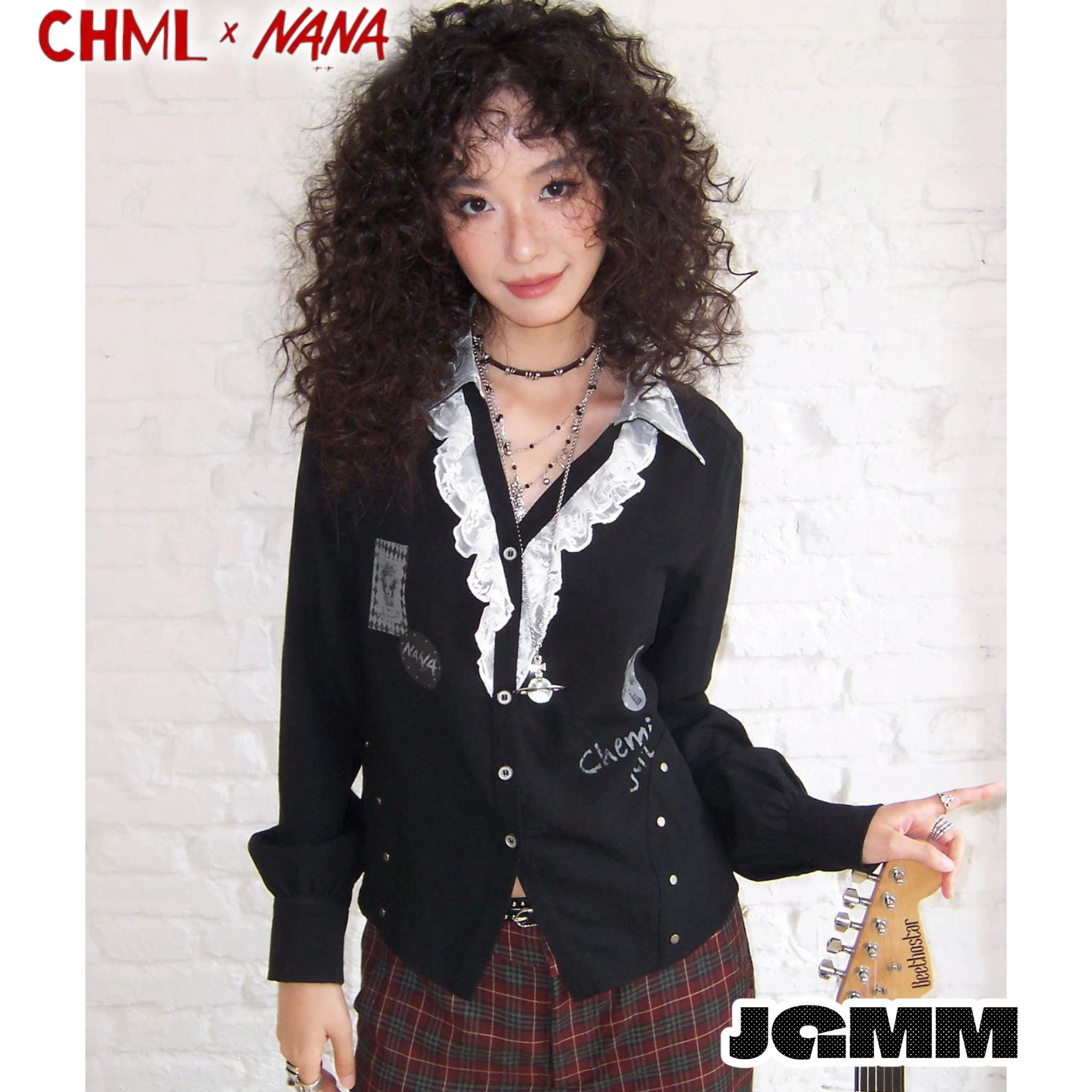 CHML×NANA聯名 蕾絲 拼接花邊 印花長袖襯衫