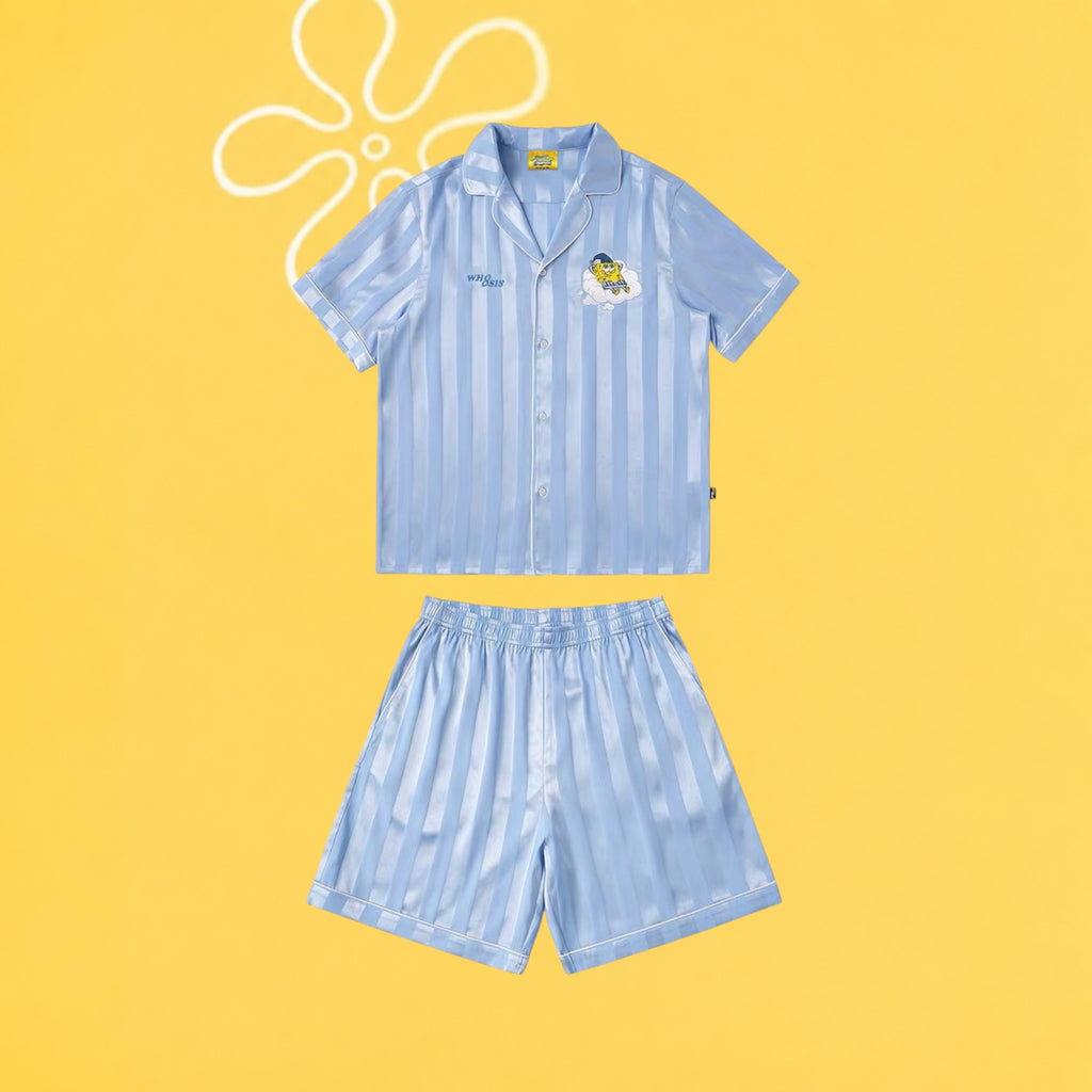 【海綿寶寶官方聯名】刺繡條紋睡衣套裝夏季居家 情侶裝