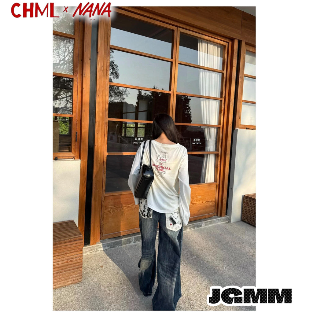 CHML ×NANA聯名 X4 擴腿褲 英文印花喇叭褲 鬆弛 牛仔褲