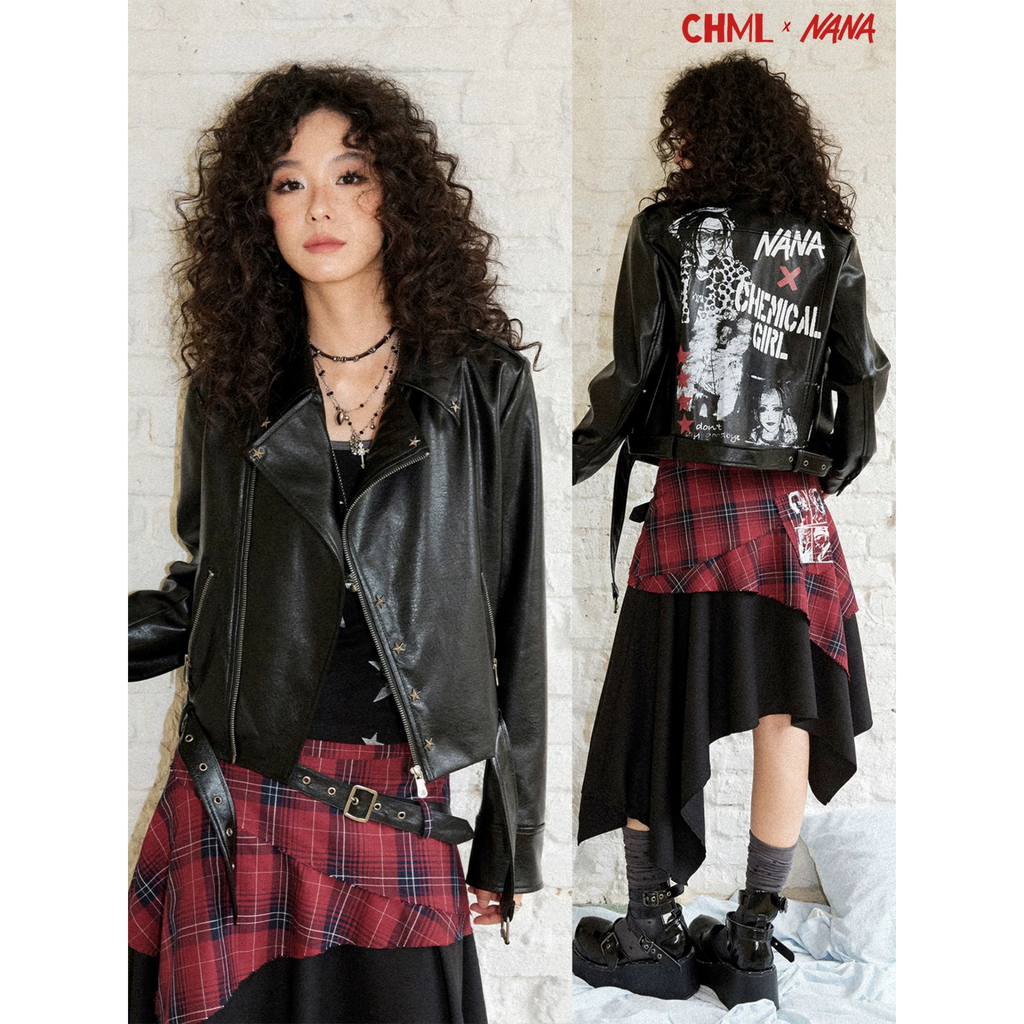 CHML×NANA聯名 搖滾 星星撞釘 扣帶皮衣外套 短版