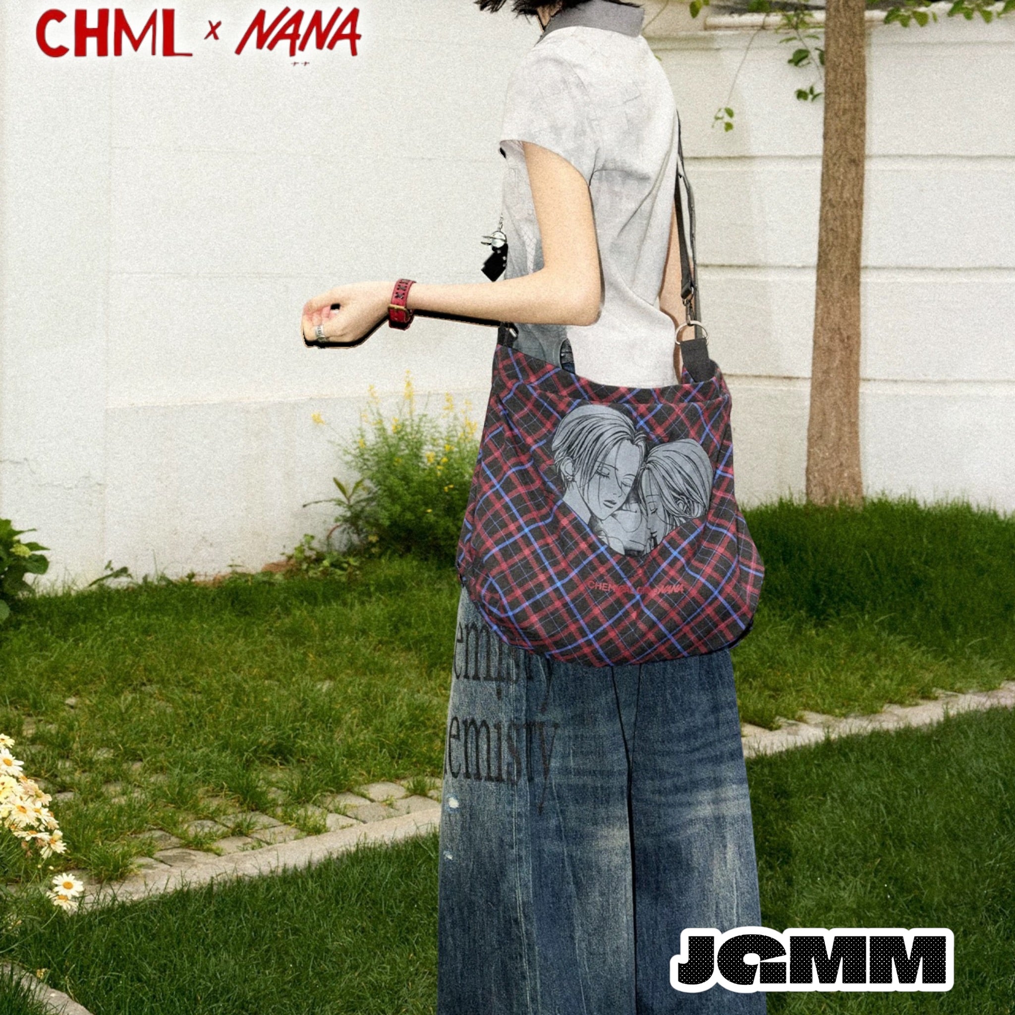 CHML×NANA聯名 復古紅藍 撞色格子單肩帆布包