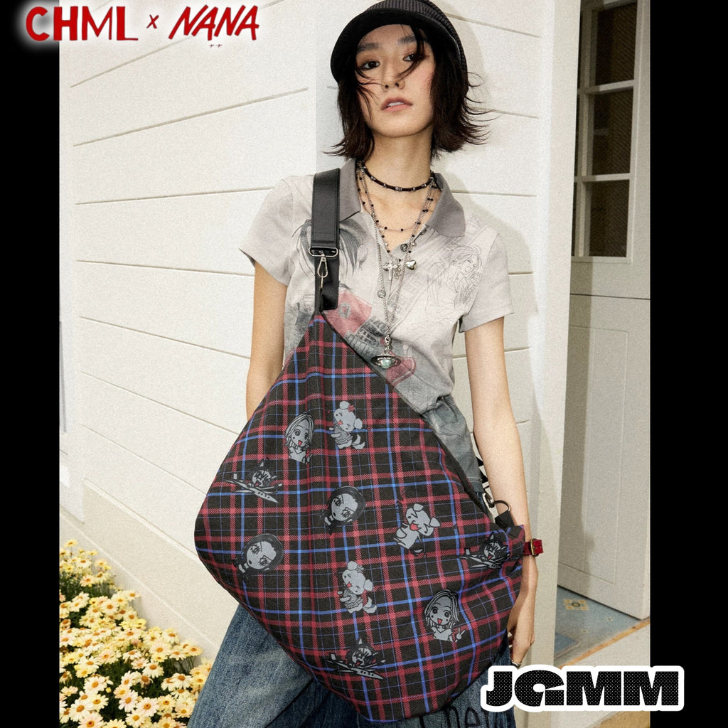 CHML×NANA聯名 復古紅藍 撞色格子單肩帆布包