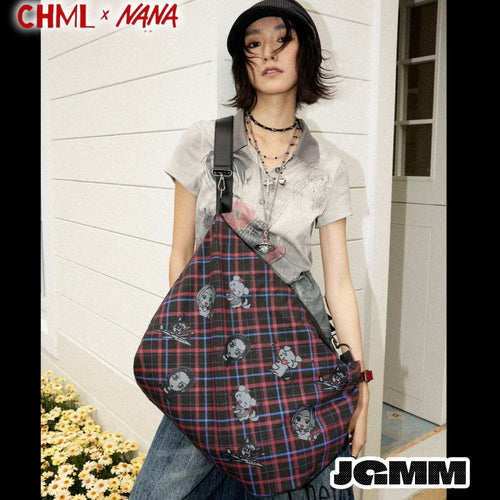 CHML×NANA聯名 復古紅藍 撞色格子單肩帆布包