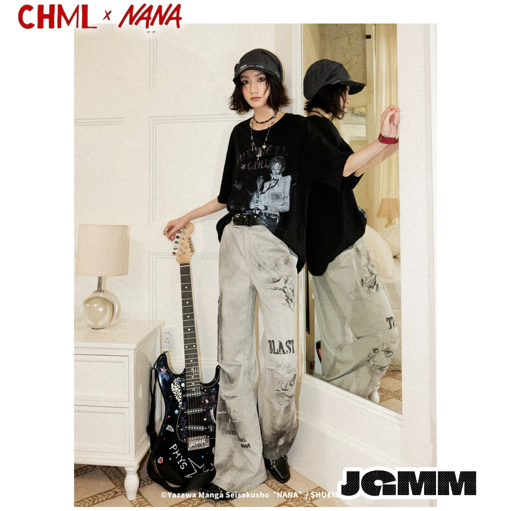 CHML×NANA聯名  復古做舊 拼貼 印花灰白色 高腰 喇叭褲