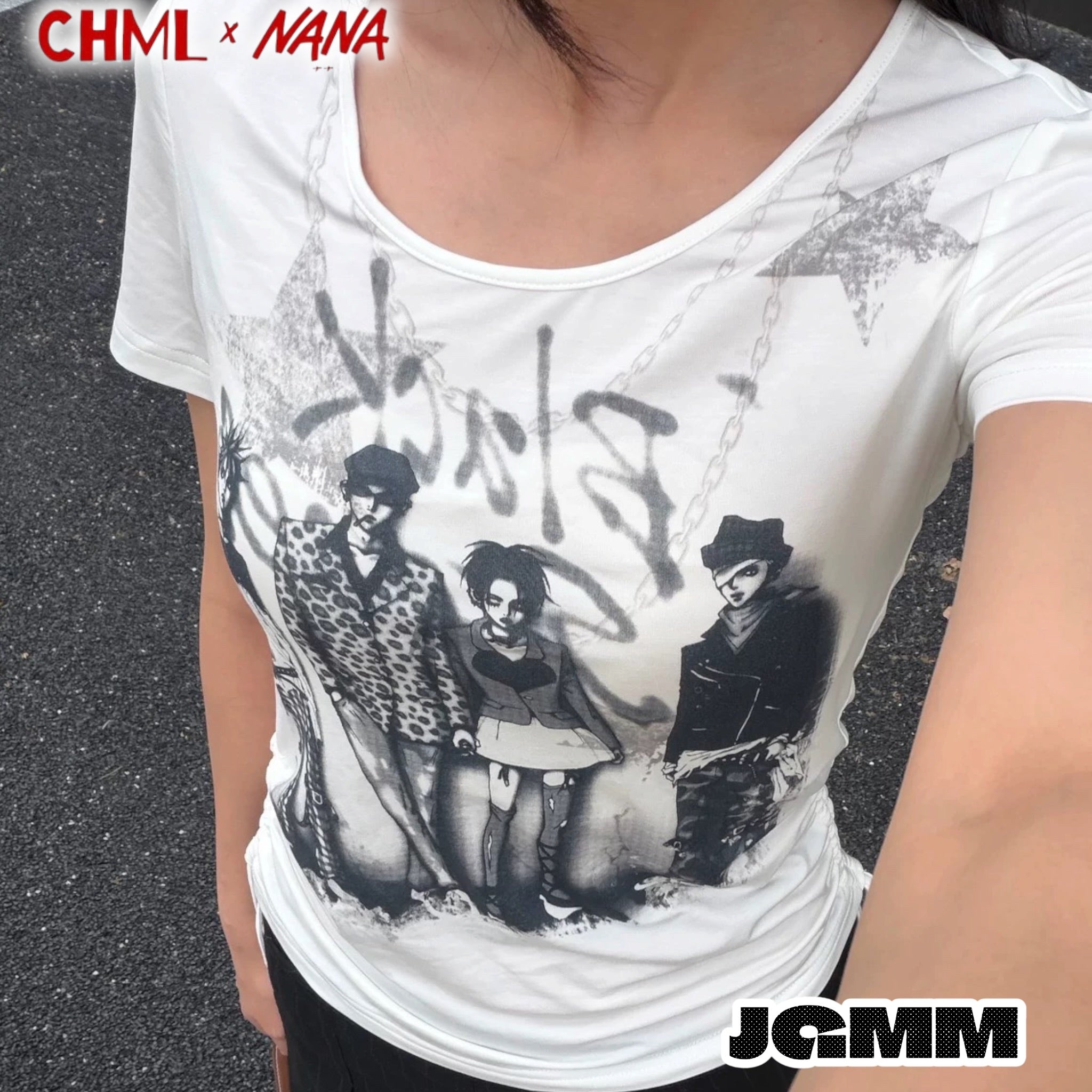 CHML×NANA聯名 第39話的樂隊成員印花 正肩 修身 抽繩 短款 T恤 短袖