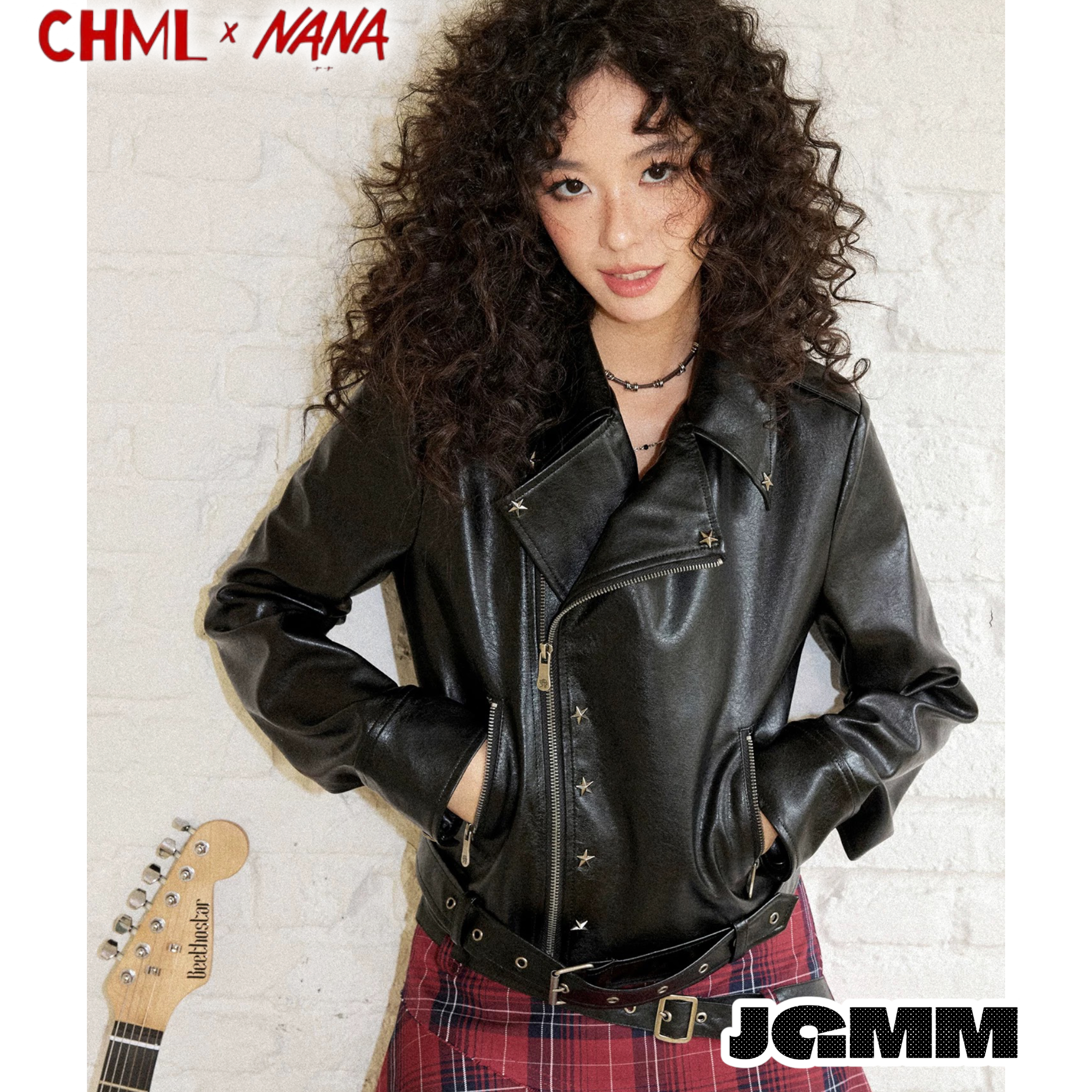 CHML×NANA聯名 搖滾 星星撞釘 扣帶皮衣外套 短版